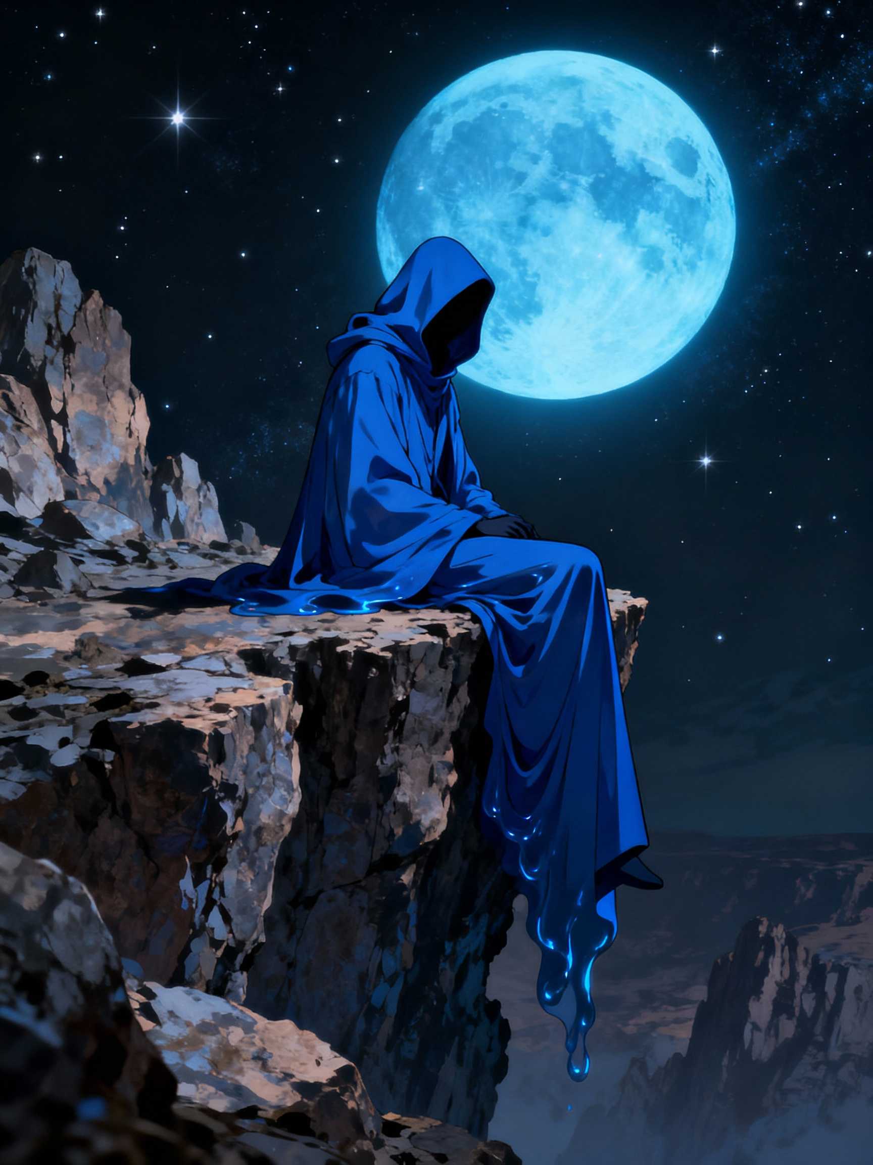 A mysterious, hooded figure draped in a long, flowing blue cloak sits solemnly on the edge of a rugged, rocky cliff. The figure’s face is hidden in deep shadow, adding an aura of enigma and solitude. The background features a vast, dark starry sky with countless shimmering stars, dominated by a large, glowing, bluish moon, casting a faint ethereal light. The rocky formations are detailed, textured, and rugged, creating a stark contrast with the smooth, almost liquid-like fabric of the cloak. The overall mood is surreal, melancholic, and otherworldly, with deep shadows and cool, muted color tones emphasizing mystery and cosmic loneliness
,  anime, cyberpunk