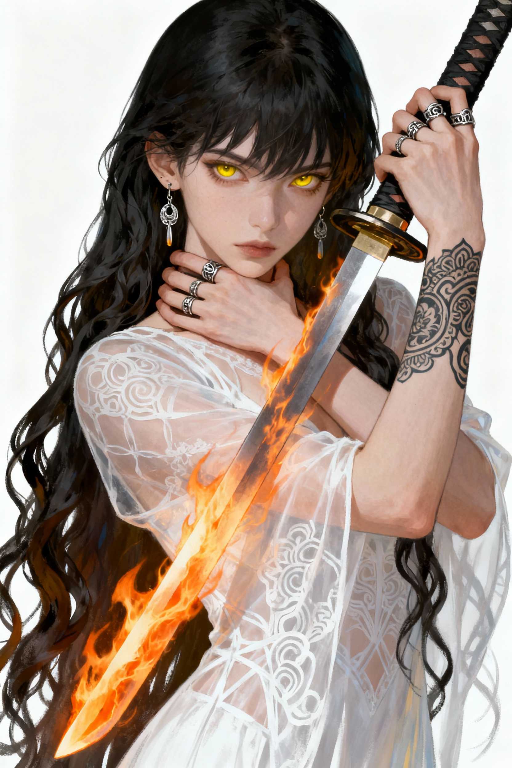 EvGan Style. A digital illustration shoot from a portrait angle about a mysterious woman with long, curly black hair holding a burning katana in front of her face, adorned with intricate tattoos and jewelry. the subject, a young woman with pale skin, is positioned in the middle of the image, looking directly at the viewer with a serious expression. her long, wavy black hair cascades down her back, and her eyes are a striking yellow, piercing through the darkness. she is wearing a sheer, white dress with intricate patterns and jewelry, including earrings and rings, which add to her mysterious and edgy aesthetic. the background is a stark white, providing a stark contrast to the dark and mysterious tones of the artwork. the woman is holding the katana with one hand, while the other hand is wrapped around her neck, creating a sense of tension and foreboding. the sword itself is glowing with orange flames, adding to the intensity of the scene. the artwork is highly detailed and realistic, with a focus on the woman's expression and the intricate designs on her clothing and accessories, making it a captivating and mysterious image.