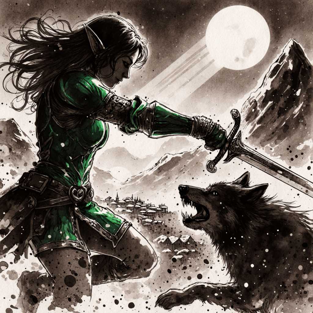 in the style of ck-mgs, nistyle, Inkplash art on rice paper, sepia, henna, Silhouette Art, magnificent, inksplash, closeup portrait, female elf warrior, , sword, green  armor, fighting a werewolf, abstract background suggesting a mountain top, overlooking a village in a valley, midnight atmosphere, moonlight, moon rays, night,, close up,