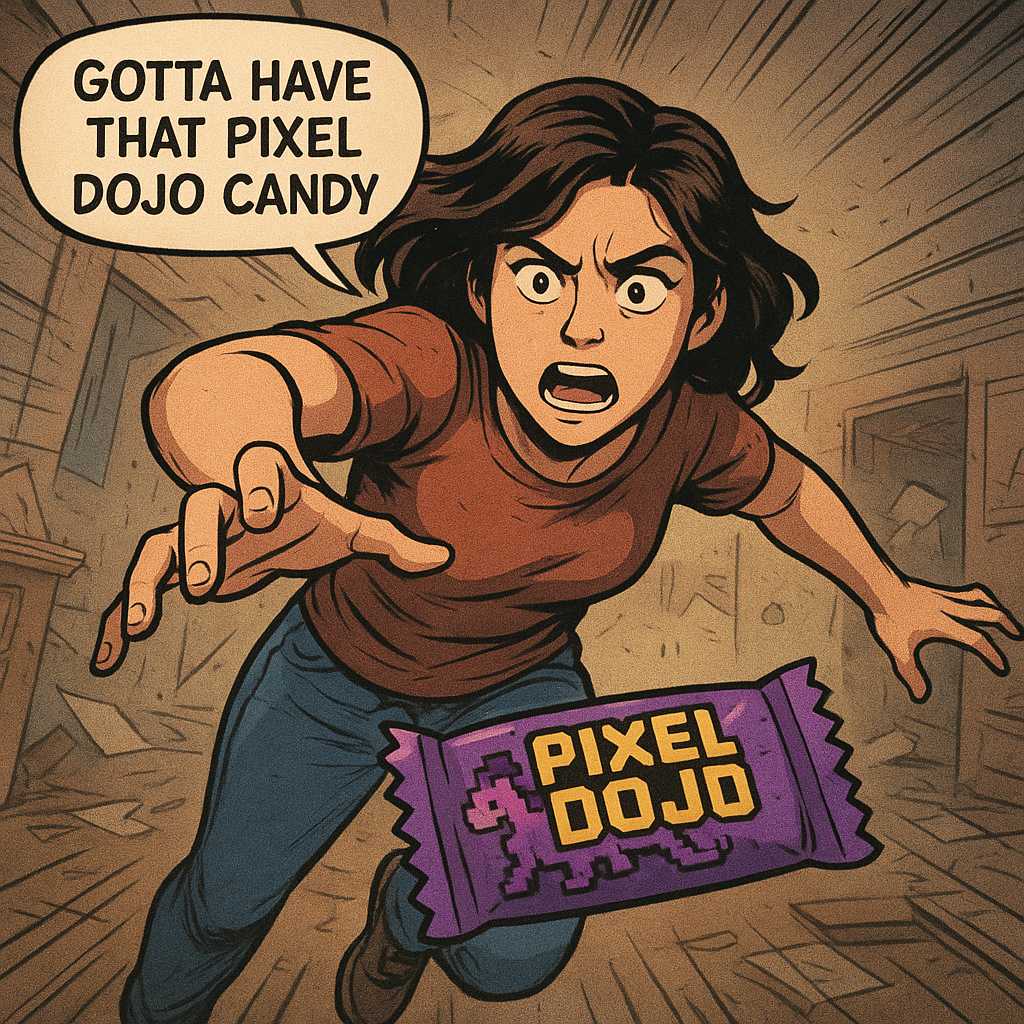 a thrilling action sequence of a woman trying to find her favorite candy. The candy wrapper is purple with a pixelated dragon and reads "Pixel Dojo". The woman says "Gotta have that pixel dojo candy"