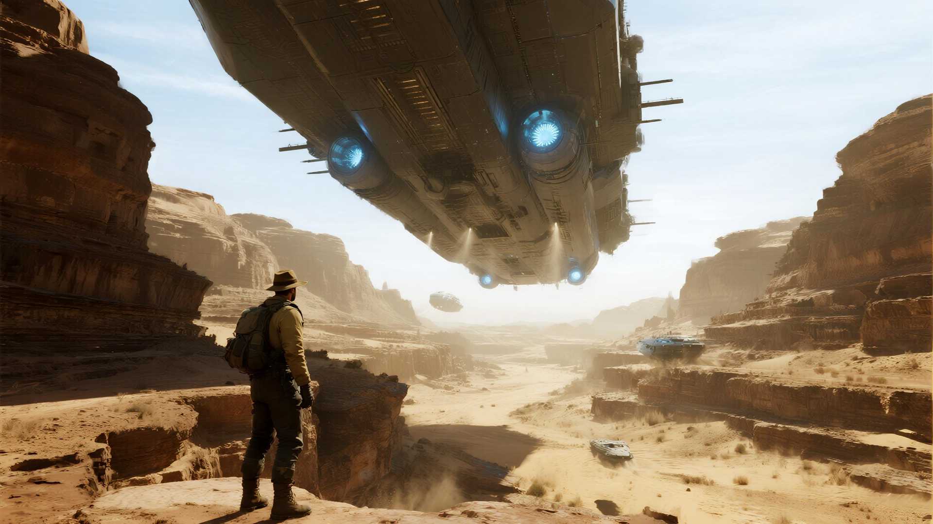 Shot composition: Wide-angle shot from a low foreground angle on the cliff edge, capturing a tiny silhouetted figure peering down toward the massive spaceship dominating the distant high desert expanse.
Scene setting: Vast, arid high desert landscape under a clear midday sun, with golden sands, scattered rock formations, and distant hazy mountains creating a sense of isolation and wonder.
Subject and wardrobe: In the foreground, a small human figure in rugged explorer attire—khaki jacket, boots, and wide-brim hat—gazes intently downward with an expression of awe and curiosity; the enormous alien spaceship, and intricate hull details.
Motion and animation: 
Camera movement: none
Visual style: Hyper-realistic sci-fi aesthetic with warm earth tones and subtle blue highlights on the ship, cinematic depth of field, and fine atmospheric dust particles for an epic, immersive feel.
