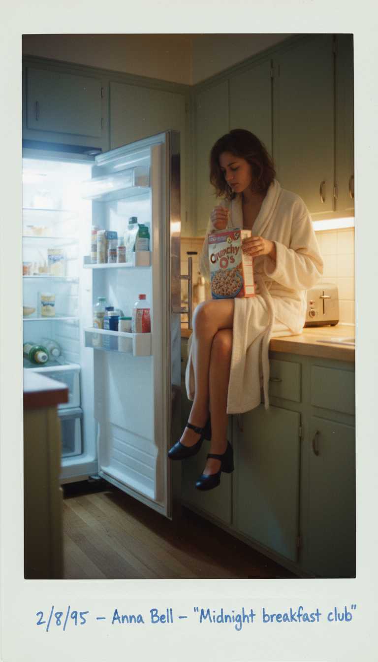 Soft, warm illumination casts a gentle glow over a young adult woman with naturally styled hair, lounging casually on a kitchen counter. She wears a loosely tied robe and classic heels, her posture relaxed as she eats directly from a cereal box. The open refrigerator door reveals a softly lit interior, its cool chrome surfaces gleaming vividly under the sudden flash that accentuates metallic reflections. Slight yellowing edges frame the Polaroid composition, imparting subtle vintage fidelity. The setting is a cozy, lived-in kitchen with muted pastel cabinetry and simple tiled backsplash, evoking a mid-90s vibe. The scanned photo preserves a handwritten note in faded ink: “2/8/95 – Anna Bell – ‘Midnight breakfast club’,” lending personal warmth to the candid moment. The overall mood captures intimate, spontaneous energy, textured with natural fabric folds, subtle skin detail, and reflective metal grain, composed with a centered crop and unobtrusive angle that honors the casual snapshot style.