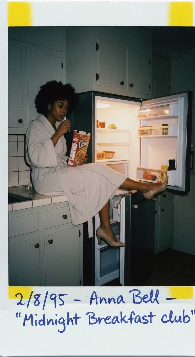 Soft, warm illumination casts a gentle glow over a young adult woman with naturally styled hair, lounging casually on a kitchen counter. She wears a loosely tied robe and classic heels, her posture relaxed as she eats directly from a cereal box. The open refrigerator door reveals a softly lit interior, its cool chrome surfaces gleaming vividly under the sudden flash that accentuates metallic reflections. Slight yellowing edges frame the Polaroid composition, imparting subtle vintage fidelity. The setting is a cozy, lived-in kitchen with muted pastel cabinetry and simple tiled backsplash, evoking a mid-90s vibe. The scanned photo preserves a handwritten note in faded ink: “2/8/95 – Anna Bell – ‘Midnight breakfast club’,” lending personal warmth to the candid moment. The overall mood captures intimate, spontaneous energy, textured with natural fabric folds, subtle skin detail, and reflective metal grain, composed with a centered crop and unobtrusive angle that honors the casual snapshot style.