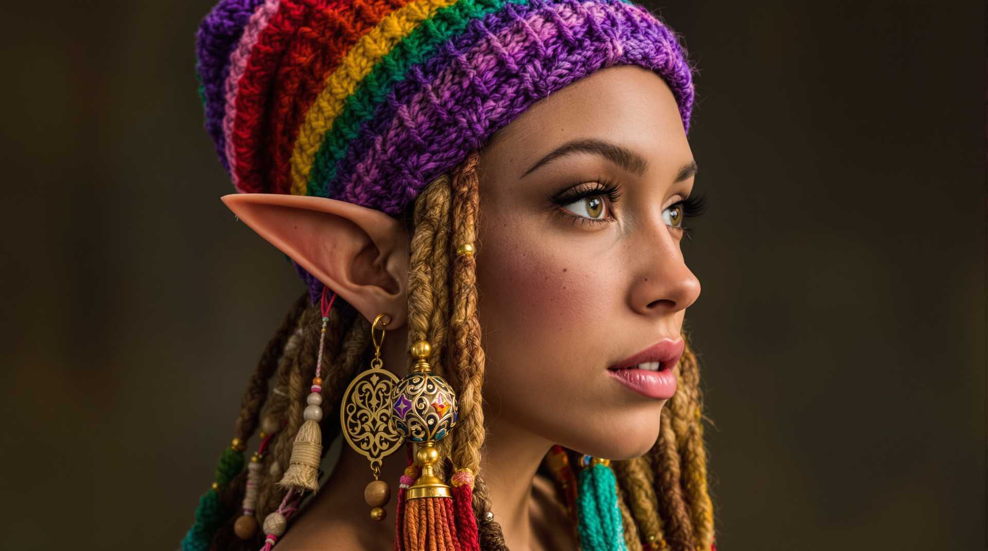 A highly detailed photorealistic digital portrait of a beautiful young elf woman with pointed ears, adorned in a vibrant multicolored knit beanie featuring horizontal stripes in deep purple, emerald green, sunny yellow, fiery orange, and crimson red, with intricate braided patterns and a relaxed, slouchy fit; her long, wavy dreadlocks cascade down in a rainbow of colors including purple, teal, pink, and blonde, intertwined with wooden beads, colorful threads, and small charms; she has tan skin with scattered freckles across her nose and cheeks, flushed rosy blush, full parted lips with a subtle sheen, and large, mesmerizing emerald green eyes gazing thoughtfully to the side; intricate gold piercings on her elf ears, including a dangling ornate spherical earring with intricate gold filigree and colorful enamel designs; she wears a textured green off-shoulder top with subtle embroidered patterns and fringe details; set against a lush, enchanted forest background with soft bokeh lights, autumnal foliage in shades of gold and green, misty atmosphere, and dappled sunlight filtering through trees; in a hyper-realistic fantasy art style inspired by artists like Alphonse Mucha and modern digital illustrators, with high dynamic range, sharp focus on facial details, intricate textures on fabrics and hair, warm color palette emphasizing vibrant hues against natural earth tones, ultra-high resolution, cinematic lighting with gentle glows and depth of field.