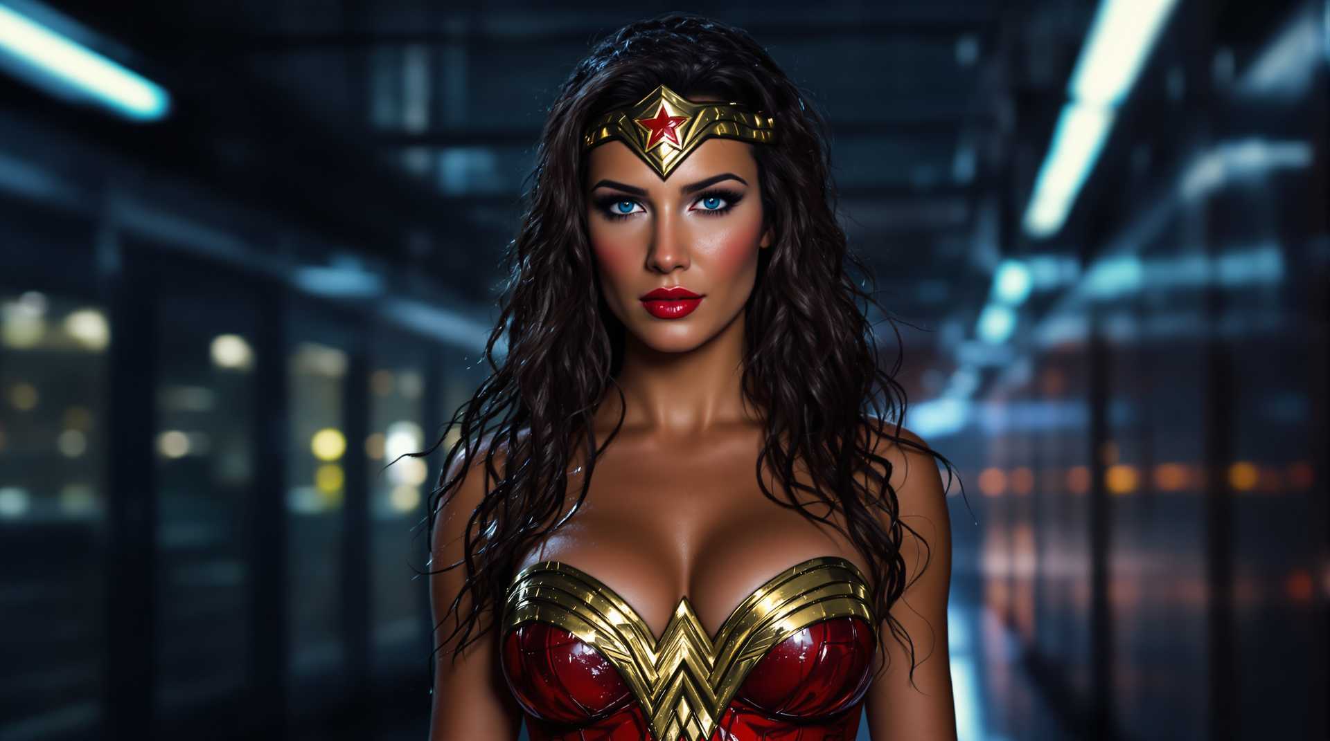 A highly detailed, realistic digital rendering of a strong, confident woman resembling Wonder Woman, standing in a dimly lit, rainy indoor corridor at night, her long wavy brown hair wet and tousled, cascading over her shoulders with water droplets glistening on her tan skin. She wears a golden tiara with a prominent red star at the center, her expression serious and determined with piercing blue eyes, subtle red blush on cheeks, and red lipstick. Her strapless bustier is red with intricate golden eagle emblem and wing motifs across the chest, a golden pendant hanging down the center, the fabric shiny and form-fitting, emphasizing her athletic build and cleavage, with rain-slicked skin showing beads of water. The background features blurred city lights through windows, fluorescent ceiling lights casting cool blue tones, wet floor reflecting highlights, in a cinematic style inspired by comic book adaptations, photorealistic medium with high dynamic range, vibrant reds and golds contrasting against dark blues and grays, sharp focus on her face and upper body, atmospheric rain effects adding drama and intensity.