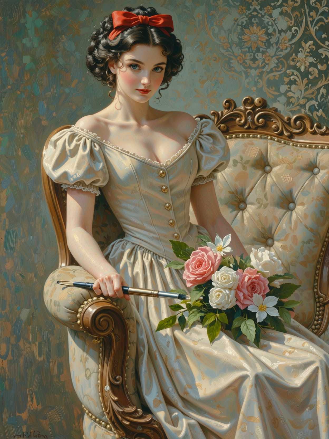 A vintage pin-up illustration in the style of Gil Elvgren, rendered in smooth oil painting medium with glossy highlights and soft brushstrokes, featuring a slender, beautiful Snow White character