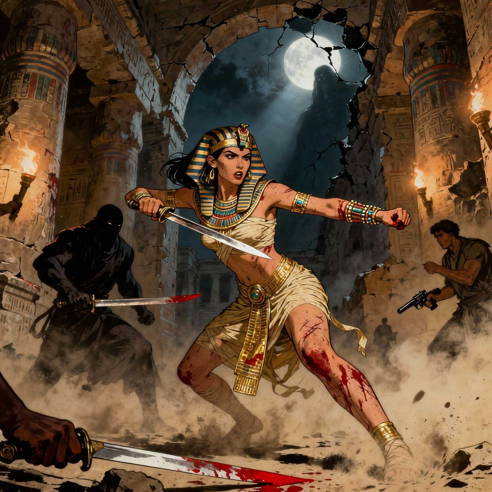 Shot composition: Medium-wide shot framing a fierce female warrior in dynamic combat pose, lunging forward with a sword clash against shadowy attackers, captured from a low angle to emphasize power and peril.
Scene setting: Crumbling ancient Egyptian temple interior at midnight, illuminated by flickering torchlight and moonlight streaming through cracked stone arches, evoking a tense, ominous atmosphere thick with dust and impending doom.
Subject and wardrobe: A fit, thin, athletic female protagonist with scarred skin and blood-streaked limbs, clad in a revealing pharaoh costume of gold-embellished linen wraps, ornate headdress, and jeweled armbands, her expression a mix of grim determination and savage fury as she battles foes wielding swords and pistols.
Motion and animation: omit if not relevant to still imagery
Camera movement: none
Visual style: Pulp horror artwork in the style of 1930s magazine illustrations, with high-contrast chiaroscuro shading, vivid crimson blood accents against desaturated earth tones, and subtle paper texture grain for a gritty, vintage thriller vibe.