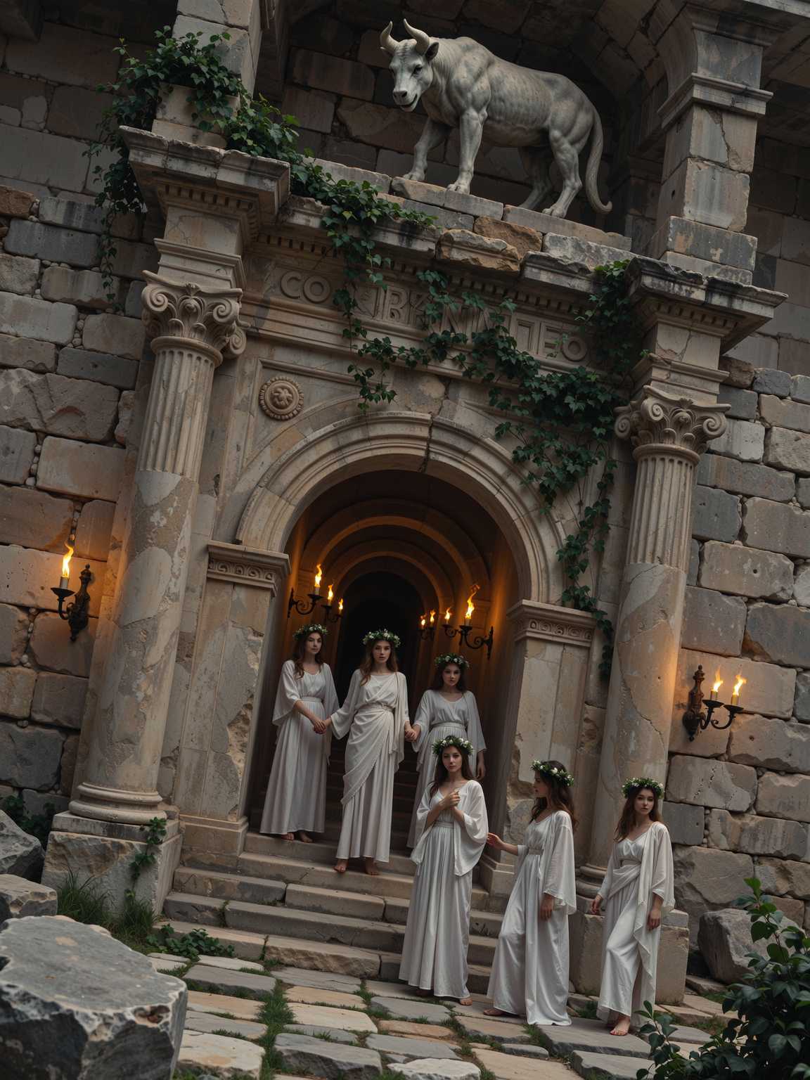 Shot composition: Medium-wide framing from a low angle, capturing seven young women standing in a tense cluster at the entrance of a massive stone labyrinth, with a 28mm wide lens emphasizing the imposing scale of the ancient walls.  Above the gate is a stone bas relief of the Minotaur

Scene setting: The dim, torchlit interior of the mythical Labyrinth of Crete at twilight, with flickering shadows dancing on weathered stone corridors overgrown with ivy, evoking a tense, foreboding atmosphere of ancient dread and impending doom.

Subject and wardrobe: Seven ethereal greek women, each with flowing white togas adorned in simple floral crowns , their faces pale with wide-eyed fear and solemn resignation as they clutch each other's hands.

Motion and animation: omit if not relevant to still imagery

Camera movement: none

Visual style: Hyper-realistic mythological painting in the style of John William Waterhouse, with cool desaturated tones of gray stone and ivory fabrics, subtle film grain for a haunting, timeless quality.