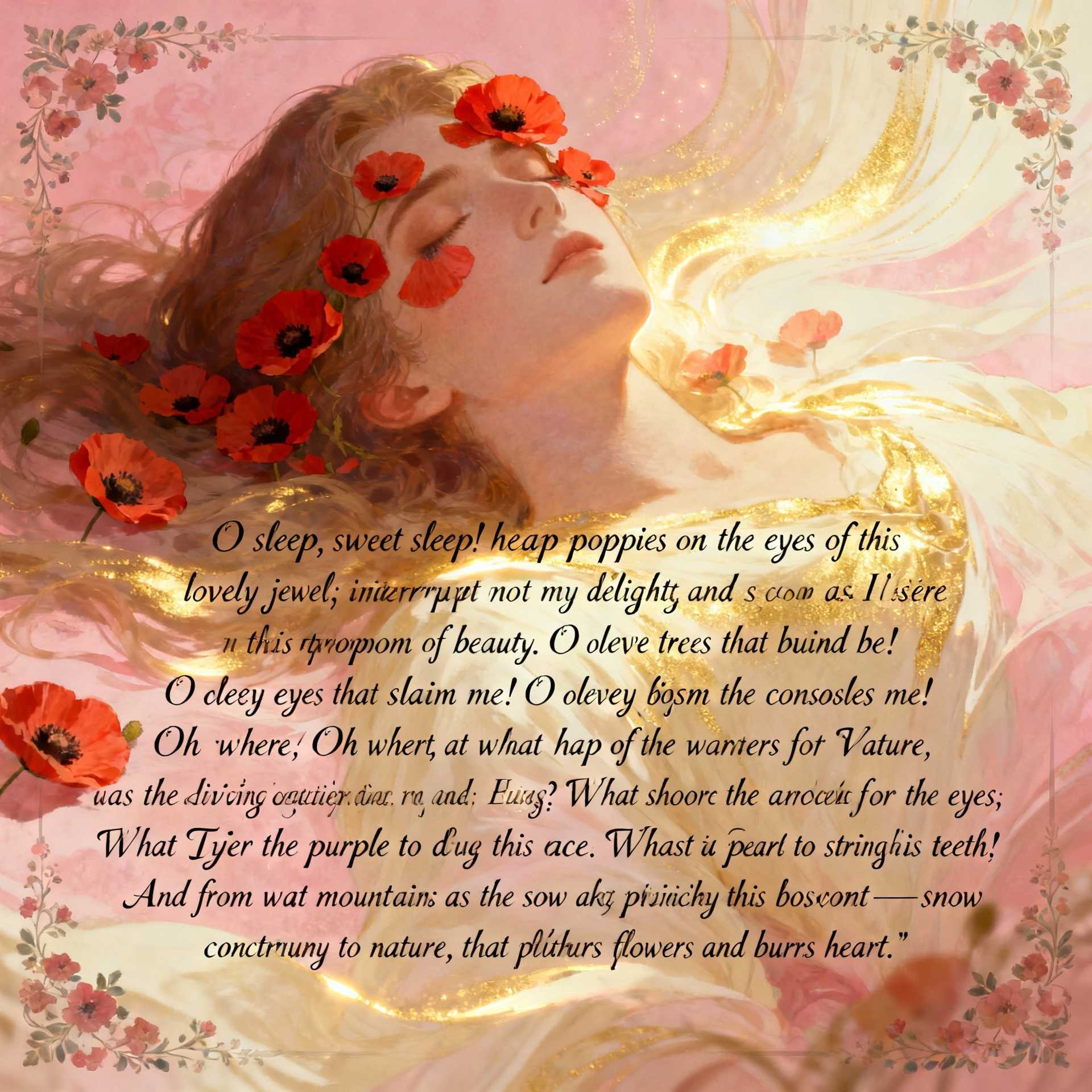 In astonishment he cried, "O sleep, sweet sleep! heap poppies on the eyes of this lovely jewel; interrupt not my delight in viewing as long as I desire this triumph of beauty. O lovely tress that binds me! O lovely eyes that inflame me! O lovely lips that refresh me! O lovely bosom that consoles me! Oh where, at what shop of the wonders of Nature, was this living statue made? What India gave the gold for these hairs? What Ethiopia the ivory to form these brows? What seashore the carbuncles that compose these eyes? What Tyre the purple to dye this face? What East the pearls to string these teeth? And from what mountains was the snow taken to sprinkle over this bosom—snow contrary to nature, that nurtures the flowers and burns hearts?"