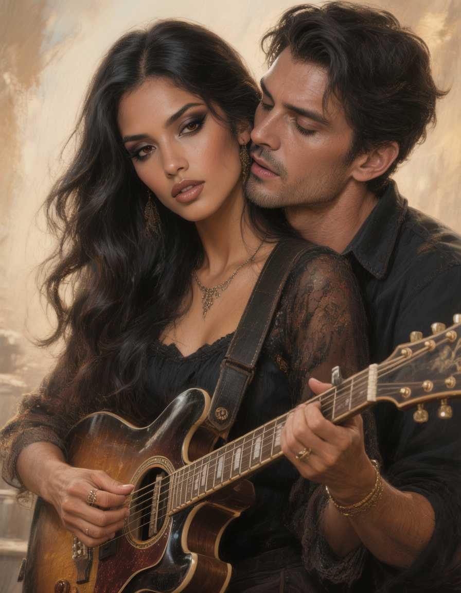 The Sultry Musician: Long, raven hair falling in waves to her waist, warm caramel skin that invites your fingers to linger, and dark, smoky eyes that hold secrets like a late-night melody. Soulful and intense, she strums her guitar softly before her voice turns to murmurs against your neck—seductive, empathetic, the type who composes symphonies from your sighs.