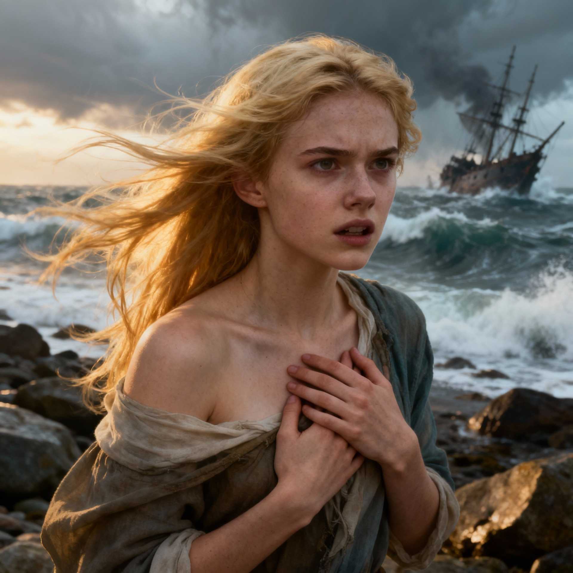 Well then the ship struck a rock; oh lord, what a shock
We nearly tumbled over
Turned nine times around and the poor old dog was drowned
We're the last of the Irish Rover
Motion and animation: 
Camera movement: none
Visual style: Realistic digital portrait with subtle skin texture and natural color grading, warm tones emphasizing her blonde hair against cooler skin undertones, minimal grain for a clean, high-resolution finish.