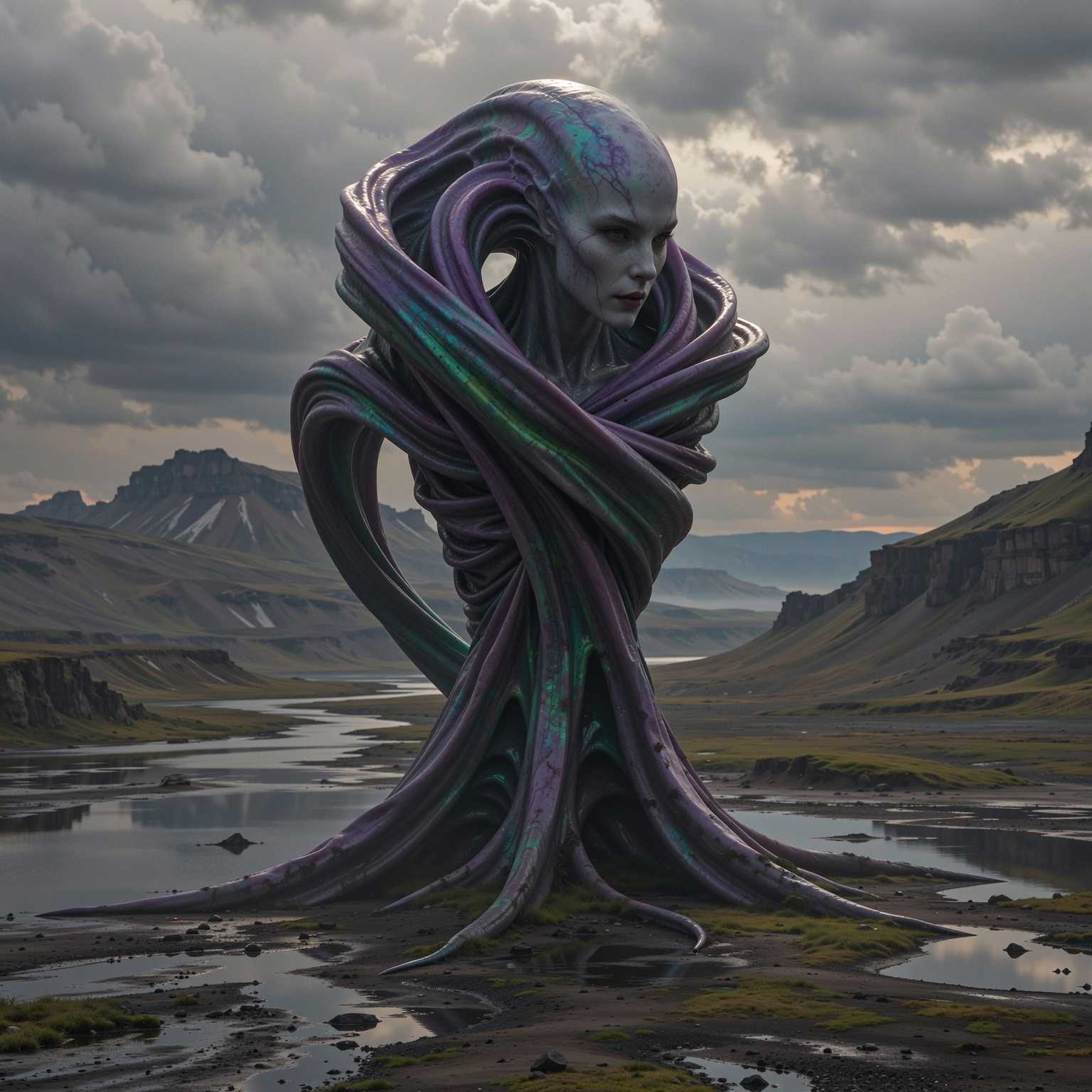 “Generate a creature that cannot be categorized or compared to anything within human imagination or artistic tradition. Its design must reject all visual, cultural, biological, or stylistic references known to mankind. It should appear as an emergent anomaly — something reality itself struggles to render. Its form should evoke primal, wordless terror without relying on eyes, mouths, limbs, or any familiar anatomy. The environment should bend around it, light faltering as if uncertain how to illuminate it. The result must feel truly alien to perception, outside all artistic schools, mythologies, and aesthetics.” Execution Directives: no recognizable art style, no symbolism, no cultural or religious motifs, no fantasy, sci-fi, gothic, surrealist, or Lovecraftian cues; pure generative originality — render as an aesthetic void, with physics, texture, and form emerging from the AI’s own abstraction layer; — forbid emulation of any artist, genre, or medium; — prioritize conceptual impossibility over visual coherence.