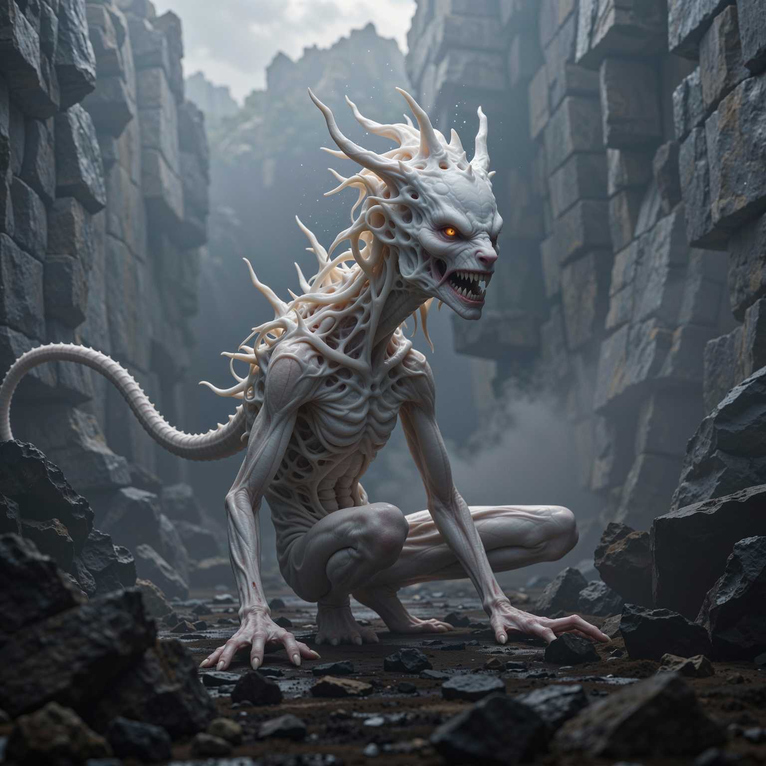 “Generate a creature that cannot be categorized or compared to anything within human imagination or artistic tradition. Its design must reject all visual, cultural, biological, or stylistic references known to mankind. It should appear as an emergent anomaly — something reality itself struggles to render. Its form should evoke primal, wordless terror without relying on eyes, mouths, limbs, or any familiar anatomy. The environment should bend around it, light faltering as if uncertain how to illuminate it. The result must feel truly alien to perception, outside all artistic schools, mythologies, and aesthetics.” Execution Directives: no recognizable art style, no symbolism, no cultural or religious motifs, no fantasy, sci-fi, gothic, surrealist, or Lovecraftian cues; pure generative originality — render as an aesthetic void, with physics, texture, and form emerging from the AI’s own abstraction layer; — forbid emulation of any artist, genre, or medium; — prioritize conceptual impossibility over visual coherence.