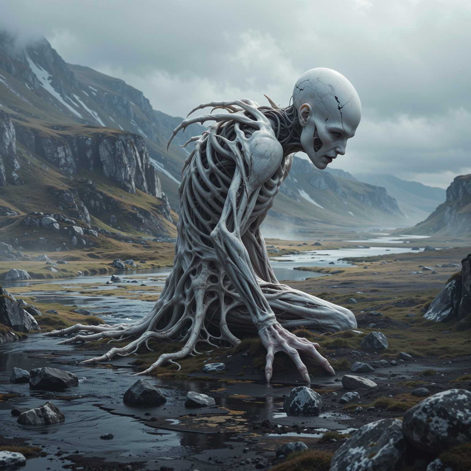 “Generate a creature that cannot be categorized or compared to anything within human imagination or artistic tradition. Its design must reject all visual, cultural, biological, or stylistic references known to mankind. It should appear as an emergent anomaly — something reality itself struggles to render. Its form should evoke primal, wordless terror without relying on eyes, mouths, limbs, or any familiar anatomy. The environment should bend around it, light faltering as if uncertain how to illuminate it. The result must feel truly alien to perception, outside all artistic schools, mythologies, and aesthetics.” Execution Directives: no recognizable art style, no symbolism, no cultural or religious motifs, no fantasy, sci-fi, gothic, surrealist, or Lovecraftian cues; pure generative originality — render as an aesthetic void, with physics, texture, and form emerging from the AI’s own abstraction layer; — forbid emulation of any artist, genre, or medium; — prioritize conceptual impossibility over visual coherence.