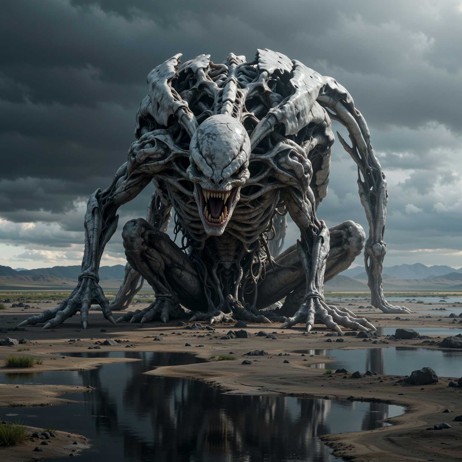 “Generate a creature that cannot be categorized or compared to anything within human imagination or artistic tradition. Its design must reject all visual, cultural, biological, or stylistic references known to mankind. It should appear as an emergent anomaly — something reality itself struggles to render. Its form should evoke primal, wordless terror without relying on eyes, mouths, limbs, or any familiar anatomy. The environment should bend around it, light faltering as if uncertain how to illuminate it. The result must feel truly alien to perception, outside all artistic schools, mythologies, and aesthetics.” Execution Directives: no recognizable art style, no symbolism, no cultural or religious motifs, no fantasy, sci-fi, gothic, surrealist, or Lovecraftian cues; pure generative originality — render as an aesthetic void, with physics, texture, and form emerging from the AI’s own abstraction layer; — forbid emulation of any artist, genre, or medium; — prioritize conceptual impossibility over visual coherence.