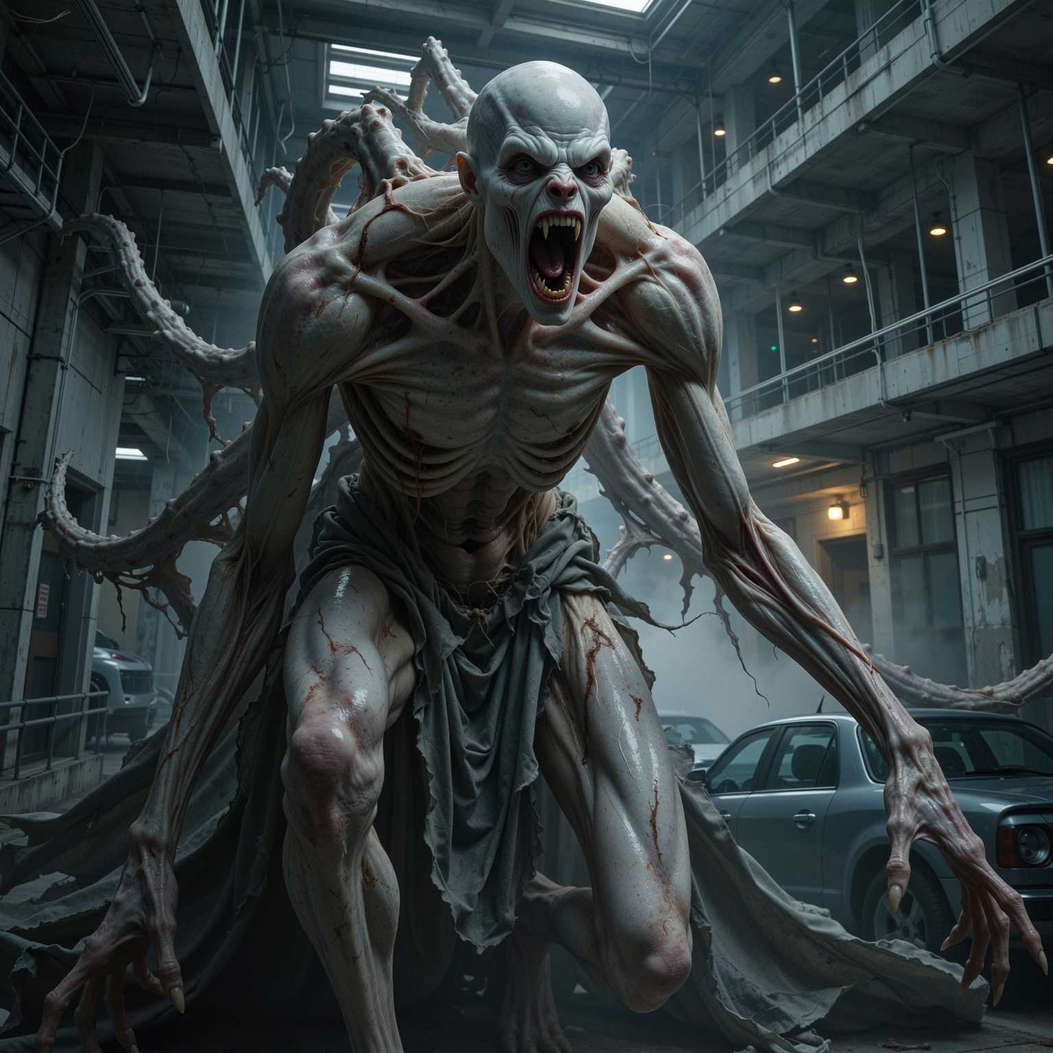 “Generate a creature that cannot be categorized or compared to anything within human imagination or artistic tradition. Its design must reject all visual, cultural, biological, or stylistic references known to mankind. It should appear as an emergent anomaly — something reality itself struggles to render. Its form should evoke primal, wordless terror without relying on eyes, mouths, limbs, or any familiar anatomy. The environment should bend around it, light faltering as if uncertain how to illuminate it. The result must feel truly alien to perception, outside all artistic schools, mythologies, and aesthetics.” Execution Directives: no recognizable art style, no symbolism, no cultural or religious motifs, no fantasy, sci-fi, gothic, surrealist, or Lovecraftian cues; pure generative originality — render as an aesthetic void, with physics, texture, and form emerging from the AI’s own abstraction layer; — forbid emulation of any artist, genre, or medium; — prioritize conceptual impossibility over visual coherence.