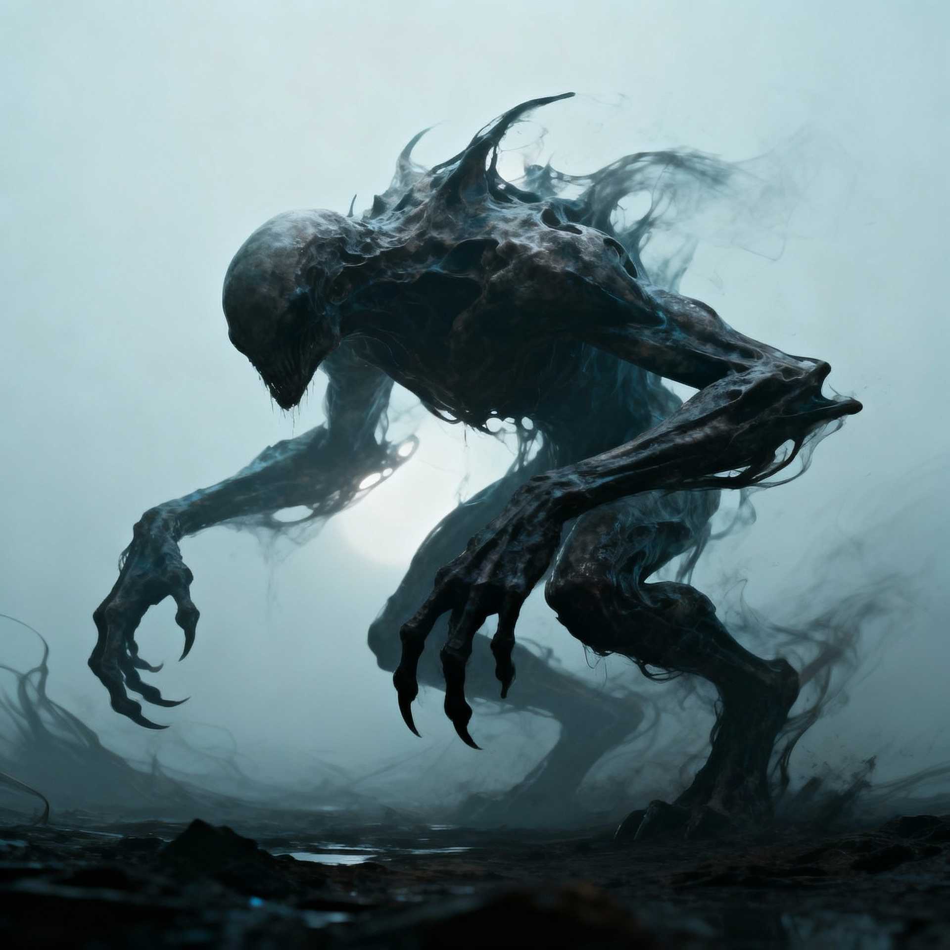 “Generate a creature that cannot be categorized or compared to anything within human imagination or artistic tradition. Its design must reject all visual, cultural, biological, or stylistic references known to mankind. It should appear as an emergent anomaly — something reality itself struggles to render. Its form should evoke primal, wordless terror without relying on eyes, mouths, limbs, or any familiar anatomy. The environment should bend around it, light faltering as if uncertain how to illuminate it. The result must feel truly alien to perception, outside all artistic schools, mythologies, and aesthetics.” Execution Directives: no recognizable art style, no symbolism, no cultural or religious motifs, no fantasy, sci-fi, gothic, surrealist, or Lovecraftian cues; pure generative originality — render as an aesthetic void, with physics, texture, and form emerging from the AI’s own abstraction layer; — forbid emulation of any artist, genre, or medium; — prioritize conceptual impossibility over visual coherence.