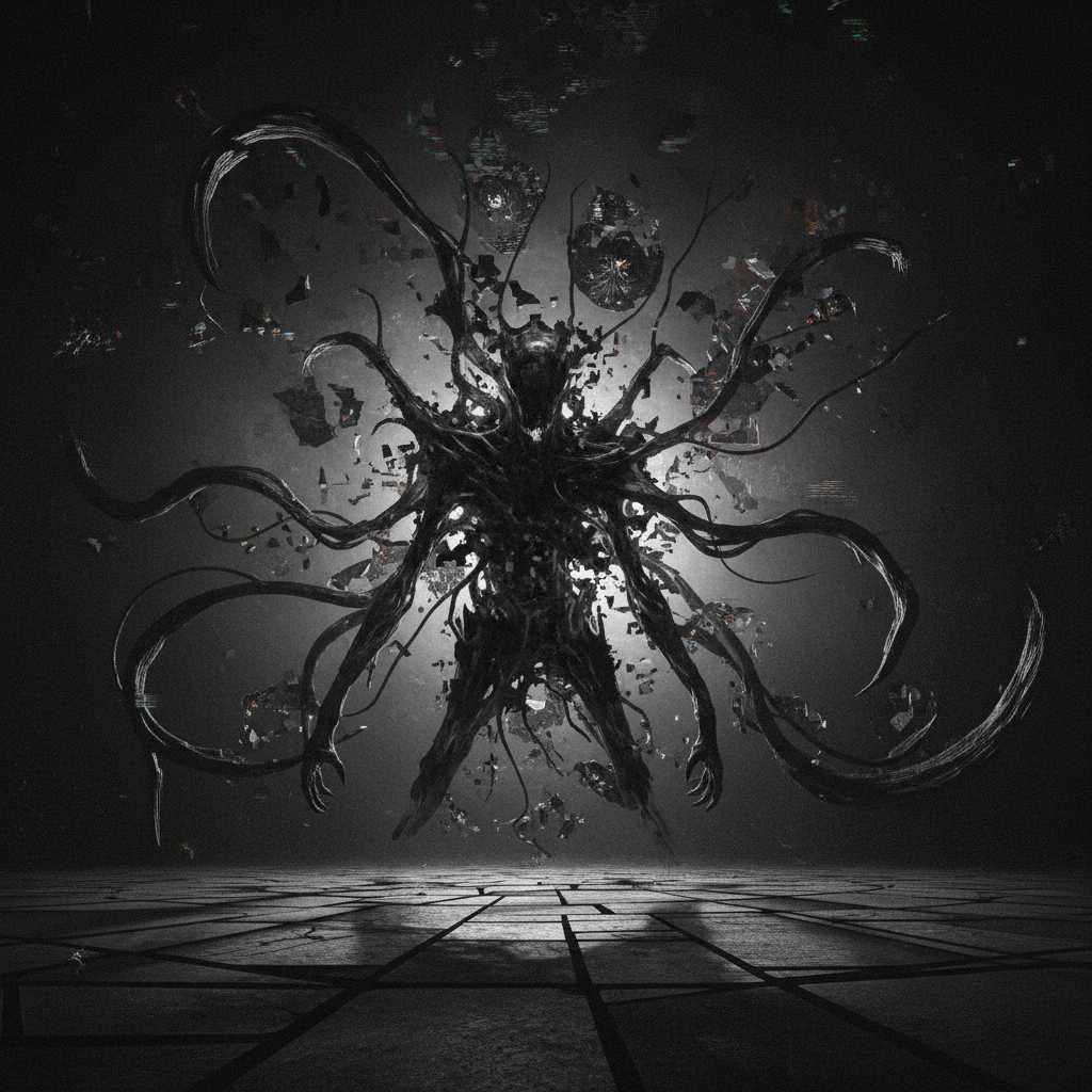 “Generate a creature that cannot be categorized or compared to anything within human imagination or artistic tradition. Its design must reject all visual, cultural, biological, or stylistic references known to mankind. It should appear as an emergent anomaly — something reality itself struggles to render. Its form should evoke primal, wordless terror without relying on eyes, mouths, limbs, or any familiar anatomy. The environment should bend around it, light faltering as if uncertain how to illuminate it. The result must feel truly alien to perception, outside all artistic schools, mythologies, and aesthetics.” Execution Directives: no recognizable art style, no symbolism, no cultural or religious motifs, no fantasy, sci-fi, gothic, surrealist, or Lovecraftian cues; pure generative originality — render as an aesthetic void, with physics, texture, and form emerging from the AI’s own abstraction layer; — forbid emulation of any artist, genre, or medium; — prioritize conceptual impossibility over visual coherence.