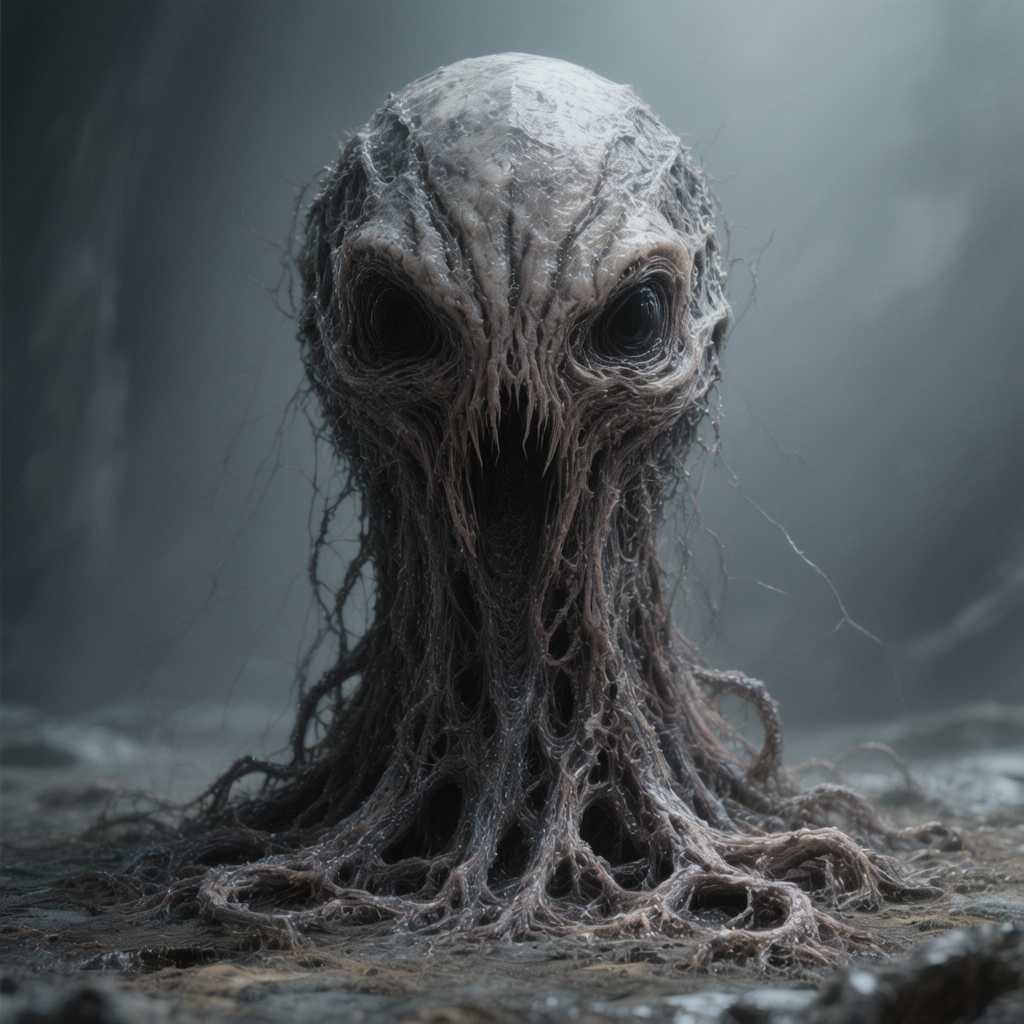 “Generate a creature that cannot be categorized or compared to anything within human imagination or artistic tradition. Its design must reject all visual, cultural, biological, or stylistic references known to mankind. It should appear as an emergent anomaly — something reality itself struggles to render. Its form should evoke primal, wordless terror without relying on eyes, mouths, limbs, or any familiar anatomy. The environment should bend around it, light faltering as if uncertain how to illuminate it. The result must feel truly alien to perception, outside all artistic schools, mythologies, and aesthetics.” Execution Directives: no recognizable art style, no symbolism, no cultural or religious motifs, no fantasy, sci-fi, gothic, surrealist, or Lovecraftian cues; pure generative originality — render as an aesthetic void, with physics, texture, and form emerging from the AI’s own abstraction layer; — forbid emulation of any artist, genre, or medium; — prioritize conceptual impossibility over visual coherence.