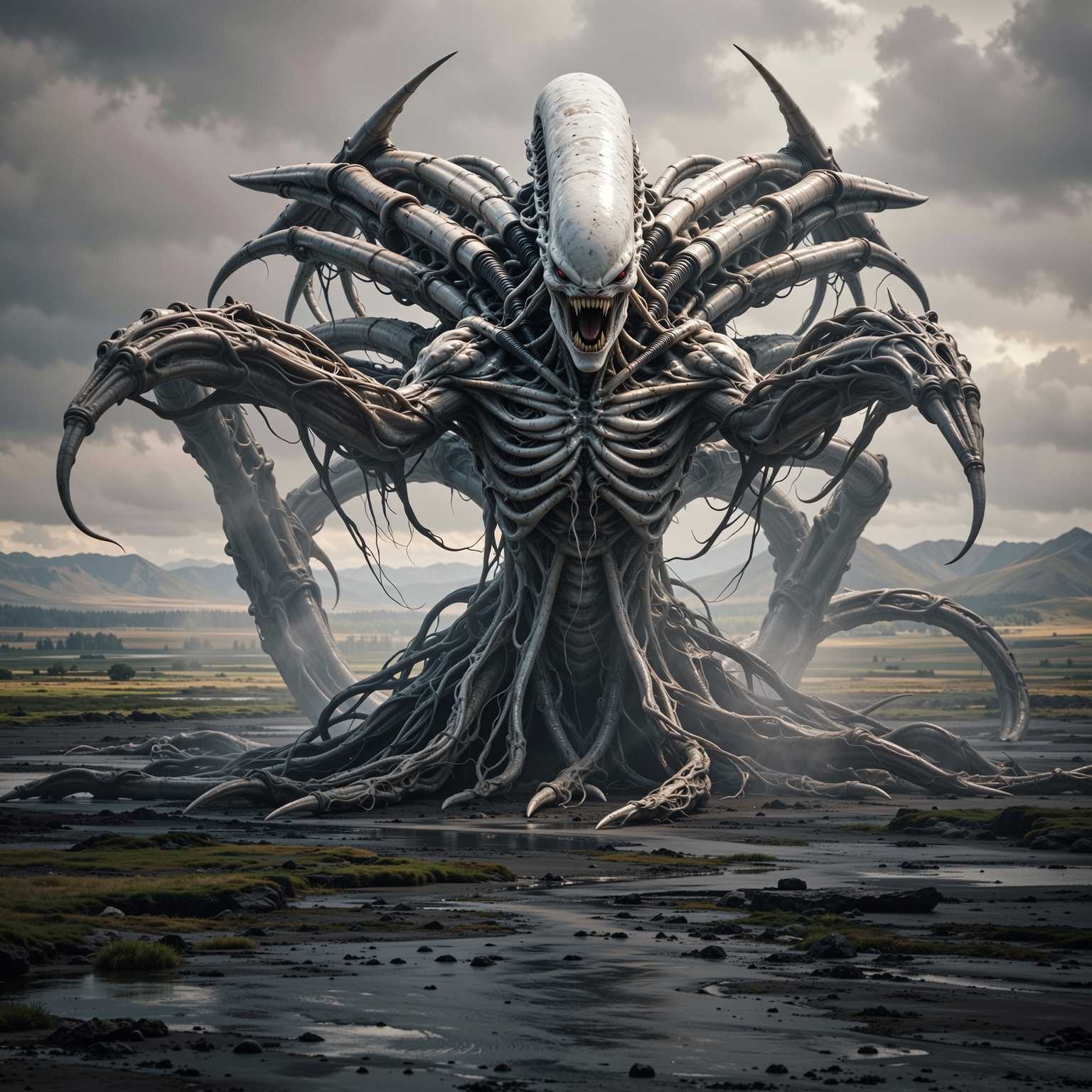 “Generate a creature that cannot be categorized or compared to anything within human imagination or artistic tradition. Its design must reject all visual, cultural, biological, or stylistic references known to mankind. It should appear as an emergent anomaly — something reality itself struggles to render. Its form should evoke primal, wordless terror without relying on eyes, mouths, limbs, or any familiar anatomy. The environment should bend around it, light faltering as if uncertain how to illuminate it. The result must feel truly alien to perception, outside all artistic schools, mythologies, and aesthetics.” Execution Directives: no recognizable art style, no symbolism, no cultural or religious motifs, no fantasy, sci-fi, gothic, surrealist, or Lovecraftian cues; pure generative originality — render as an aesthetic void, with physics, texture, and form emerging from the AI’s own abstraction layer; — forbid emulation of any artist, genre, or medium; — prioritize conceptual impossibility over visual coherence.