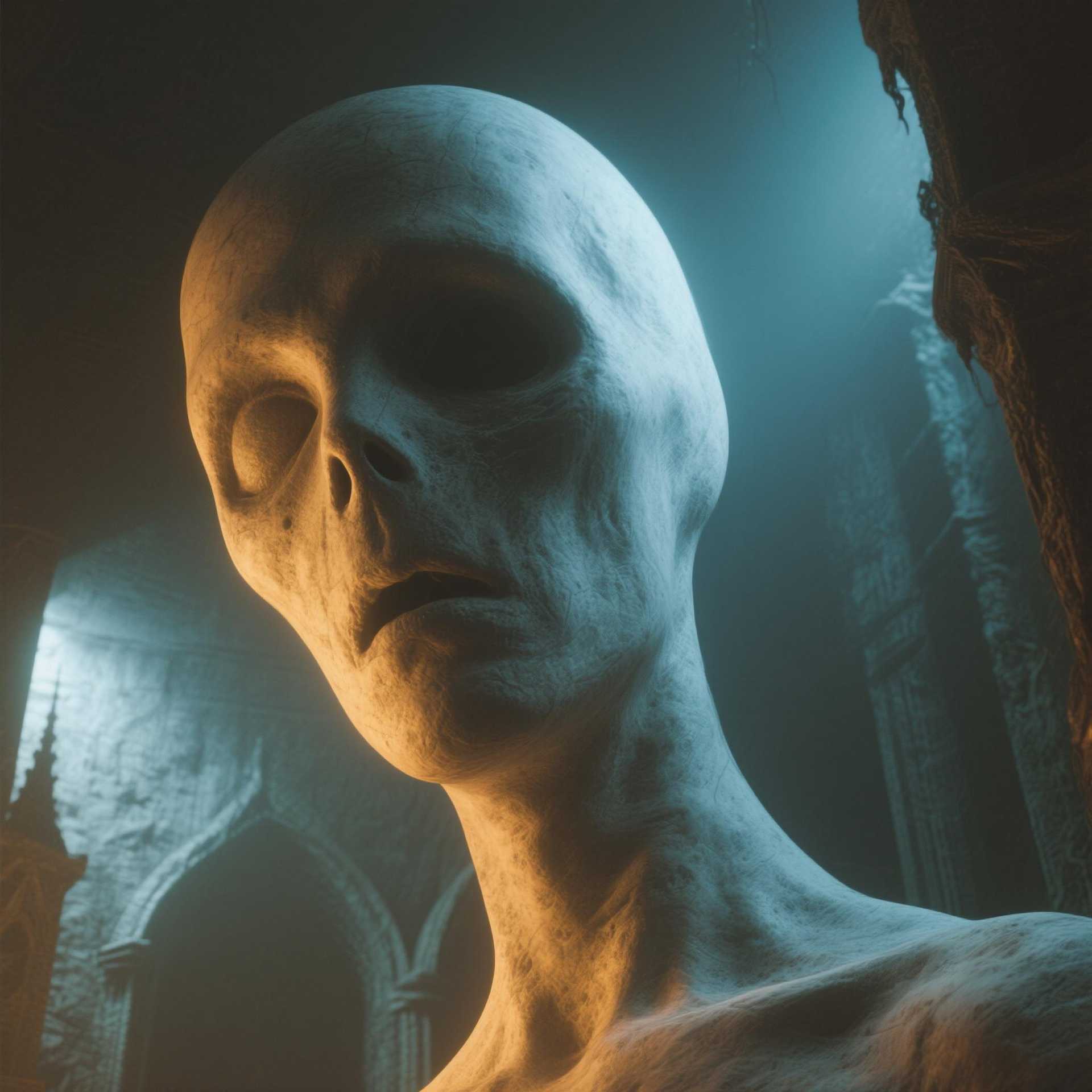 “Generate a creature that cannot be categorized or compared to anything within human imagination or artistic tradition. Its design must reject all visual, cultural, biological, or stylistic references known to mankind. It should appear as an emergent anomaly — something reality itself struggles to render. Its form should evoke primal, wordless terror without relying on eyes, mouths, limbs, or any familiar anatomy. The environment should bend around it, light faltering as if uncertain how to illuminate it. The result must feel truly alien to perception, outside all artistic schools, mythologies, and aesthetics.” Execution Directives: no recognizable art style, no symbolism, no cultural or religious motifs, no fantasy, sci-fi, gothic, surrealist, or Lovecraftian cues; pure generative originality — render as an aesthetic void, with physics, texture, and form emerging from the AI’s own abstraction layer; — forbid emulation of any artist, genre, or medium; — prioritize conceptual impossibility over visual coherence.