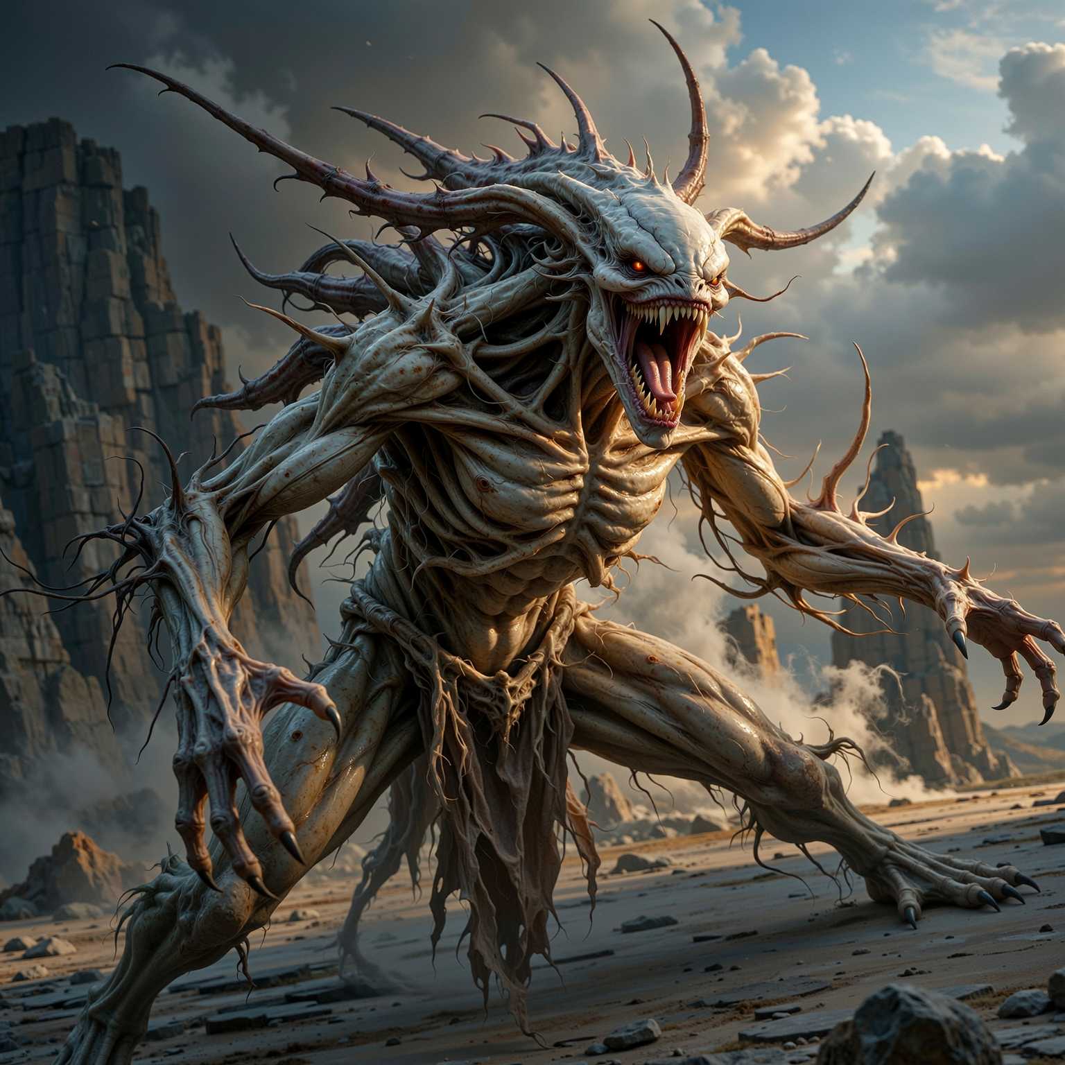 “Generate a creature that cannot be categorized or compared to anything within human imagination or artistic tradition. Its design must reject all visual, cultural, biological, or stylistic references known to mankind. It should appear as an emergent anomaly — something reality itself struggles to render. Its form should evoke primal, wordless terror without relying on eyes, mouths, limbs, or any familiar anatomy. The environment should bend around it, light faltering as if uncertain how to illuminate it. The result must feel truly alien to perception, outside all artistic schools, mythologies, and aesthetics.” Execution Directives: no recognizable art style, no symbolism, no cultural or religious motifs, no fantasy, sci-fi, gothic, surrealist, or Lovecraftian cues; pure generative originality — render as an aesthetic void, with physics, texture, and form emerging from the AI’s own abstraction layer; — forbid emulation of any artist, genre, or medium; — prioritize conceptual impossibility over visual coherence.