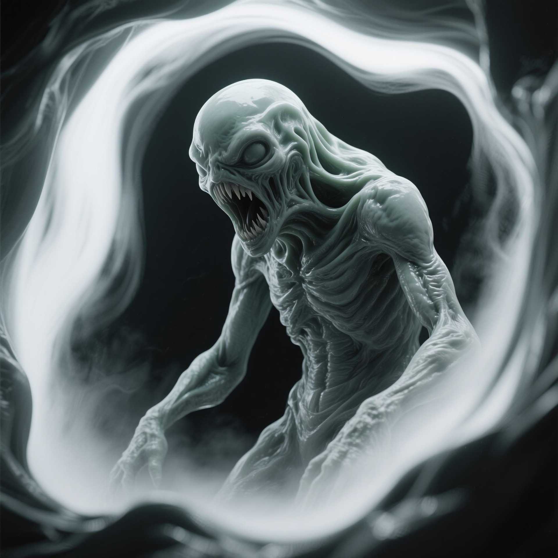 “Generate a creature that cannot be categorized or compared to anything within human imagination or artistic tradition. Its design must reject all visual, cultural, biological, or stylistic references known to mankind. It should appear as an emergent anomaly — something reality itself struggles to render. Its form should evoke primal, wordless terror without relying on eyes, mouths, limbs, or any familiar anatomy. The environment should bend around it, light faltering as if uncertain how to illuminate it. The result must feel truly alien to perception, outside all artistic schools, mythologies, and aesthetics.” Execution Directives: no recognizable art style, no symbolism, no cultural or religious motifs, no fantasy, sci-fi, gothic, surrealist, or Lovecraftian cues; pure generative originality — render as an aesthetic void, with physics, texture, and form emerging from the AI’s own abstraction layer; — forbid emulation of any artist, genre, or medium; — prioritize conceptual impossibility over visual coherence.