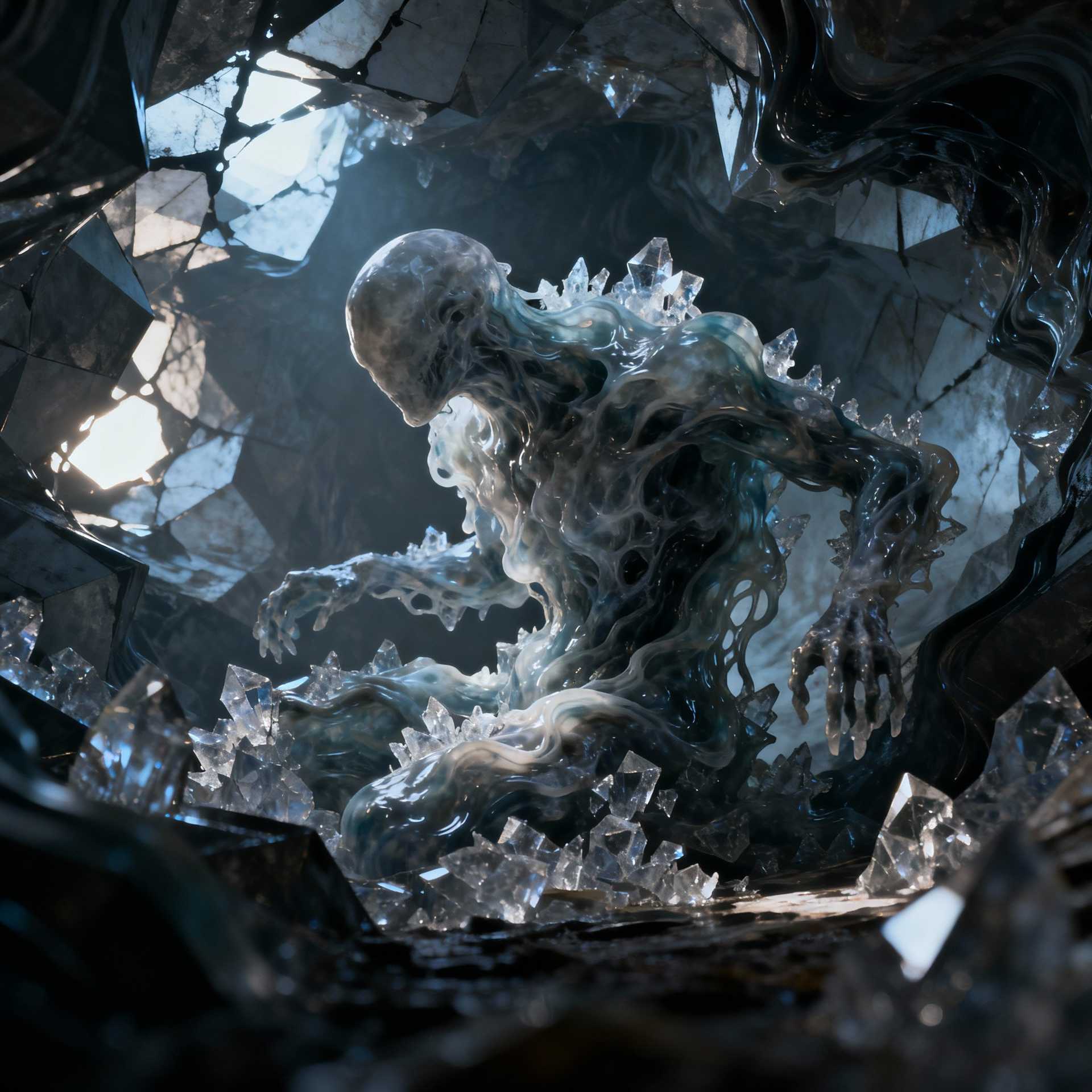 “Generate a creature that cannot be categorized or compared to anything within human imagination or artistic tradition. Its design must reject all visual, cultural, biological, or stylistic references known to mankind. It should appear as an emergent anomaly — something reality itself struggles to render. Its form should evoke primal, wordless terror without relying on eyes, mouths, limbs, or any familiar anatomy. The environment should bend around it, light faltering as if uncertain how to illuminate it. The result must feel truly alien to perception, outside all artistic schools, mythologies, and aesthetics.” Execution Directives: no recognizable art style, no symbolism, no cultural or religious motifs, no fantasy, sci-fi, gothic, surrealist, or Lovecraftian cues; pure generative originality — render as an aesthetic void, with physics, texture, and form emerging from the AI’s own abstraction layer; — forbid emulation of any artist, genre, or medium; — prioritize conceptual impossibility over visual coherence.