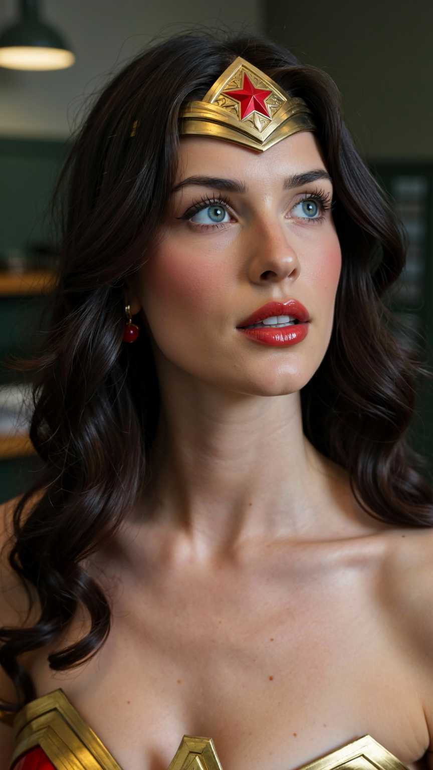 A highly detailed, realistic portrait of a young woman embodying the iconic Wonder Woman from the 1970s live-action TV series, captured in a vibrant, high-contrast photographic style reminiscent of classic television cinematography with warm film grain and soft lighting; she has striking blue eyes gazing thoughtfully to the side, full red lips in a subtle, serious expression, long wavy dark brown hair cascading over her shoulders, adorned with a gleaming golden tiara featuring a bold red star at the center; small round red earrings dangle from her ears; her skin is fair and flawless with a natural glow; she wears a strapless red, gold, and blue costume partially visible at the shoulders; the background is a softly blurred indoor setting like a military office with muted green walls, wooden desks, and subtle overhead lighting, evoking a sense of mid-20th-century heroism and empowerment; rendered in photorealistic medium with rich colors, emphasizing reds, golds, and blues for a dynamic, empowering composition.