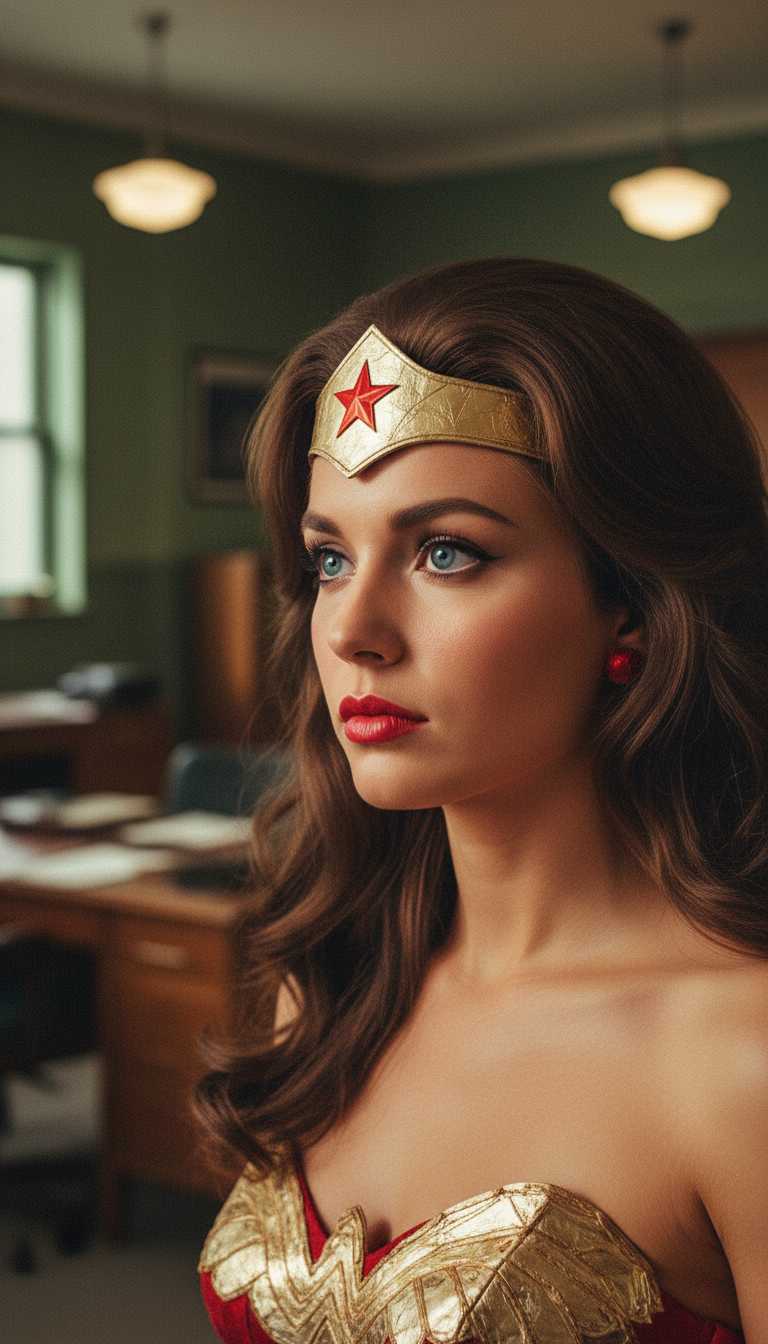 A highly detailed, realistic portrait of a young woman embodying the iconic Wonder Woman from the 1970s live-action TV series, captured in a vibrant, high-contrast photographic style reminiscent of classic television cinematography with warm film grain and soft lighting; she has striking blue eyes gazing thoughtfully to the side, full red lips in a subtle, serious expression, long wavy dark brown hair cascading over her shoulders, adorned with a gleaming golden tiara featuring a bold red star at the center; small round red earrings dangle from her ears; her skin is fair and flawless with a natural glow; she wears a strapless red, gold, and blue costume partially visible at the shoulders; the background is a softly blurred indoor setting like a military office with muted green walls, wooden desks, and subtle overhead lighting, evoking a sense of mid-20th-century heroism and empowerment; rendered in photorealistic medium with rich colors, emphasizing reds, golds, and blues for a dynamic, empowering composition.
