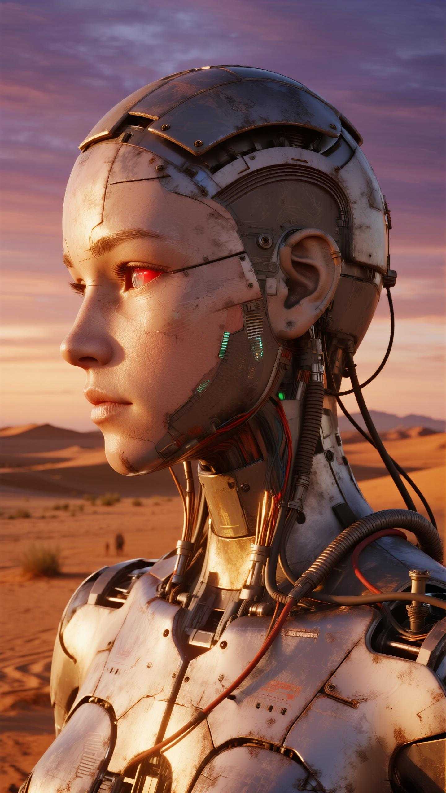 A highly detailed, photorealistic portrait of a weathered humanoid android in a front view, set against a vast desert landscape at sunset. The android's head and upper body are constructed from tarnished silver metal plates, showing signs of rust, scratches, and battle damage, with exposed wires, cables, and mechanical components dangling from the neck and sides. Its face is a sleek, emotionless mask with a human-like structure, featuring a single visible eye glowing faintly red, a damaged cheek revealing inner circuitry, and a helmet-like cranium with rivets and seams. The skin-like metallic surface reflects warm golden hues from the setting sun. In the background, endless sandy dunes in shades of ochre and burnt orange stretch to distant, hazy purple mountains under a gradient sky transitioning from deep blue to fiery orange and pink. Cinematic lighting casts long shadows and dramatic highlights on the android's form, emphasizing texture and depth. Rendered in hyper-realistic CGI style, ultra-high resolution, intricate details on every mechanical part, evoking a sci-fi dystopian atmosphere like in Terminator or Dune, with a sense of isolation and introspection.