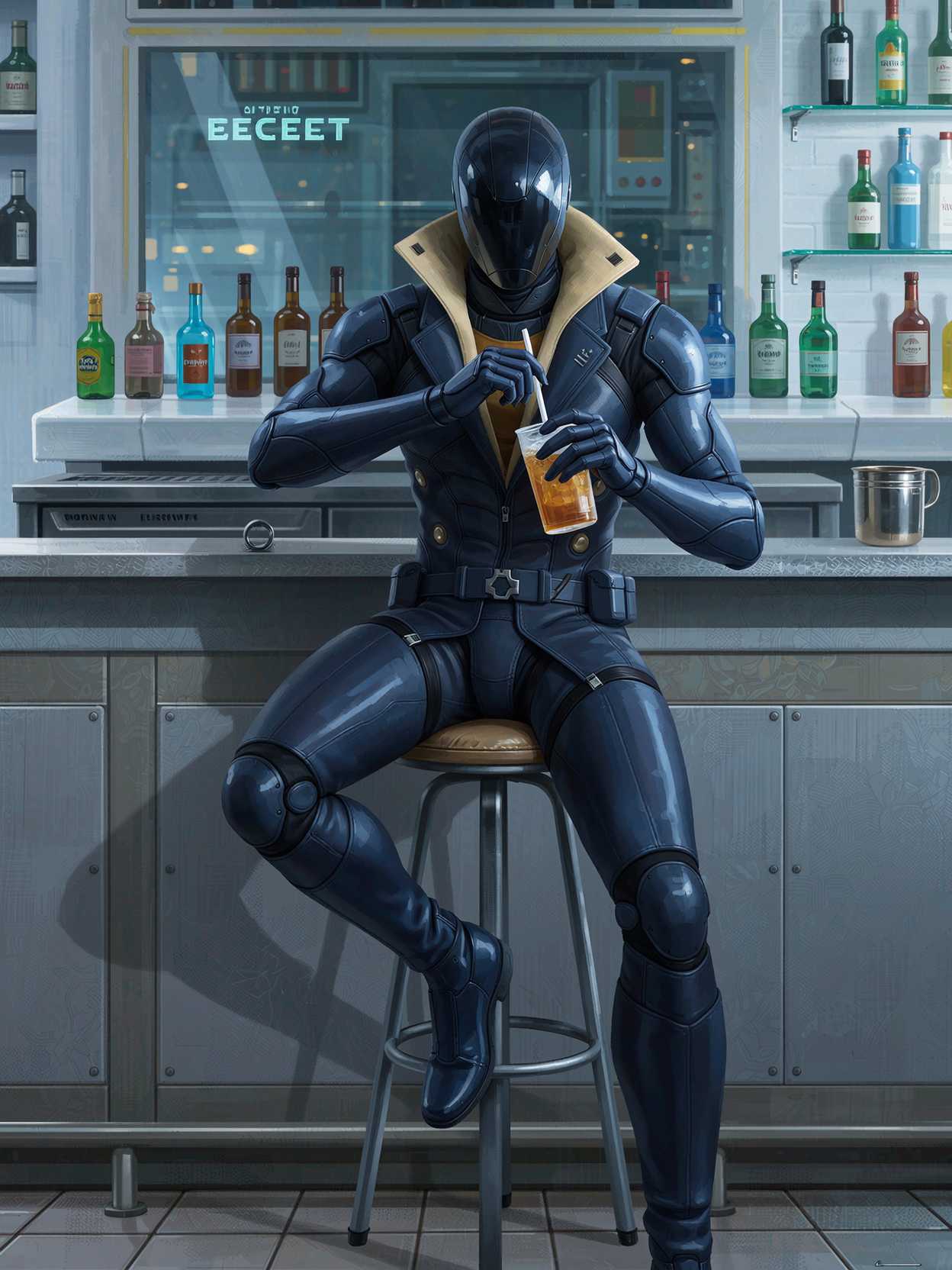 An [panorama] digital illustration (sci-fi) drawing masterpiece, intricate details and the best quality art by, (petrus van schendel) (Hans Larwin) and (dorian cleavenger) with (luis royo),  (tali zorah), mass effect, tight suit, opaque visor, full dressed, hourglass figure, wide hips, slim, skinny, narrow waist, long skinny legs, drunk, fuzzy, sitting on a bar bar stool, holding a drink with a drinking straw, sci-fi, futuristic modern cyberpunk bar, sterile, clean 