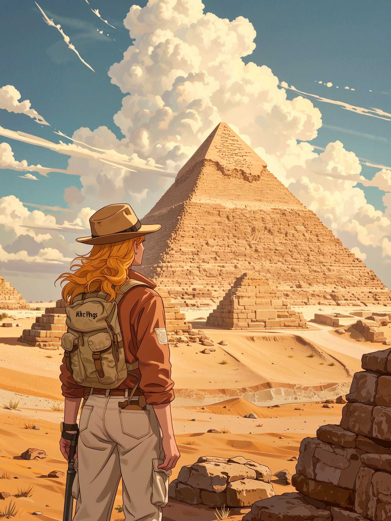 nistyle, in the style of ck-mgs, Mh1$AgThS2, intricate linework with expressive contrasts, soft lighting with dynamic highlights, image of a dusty desert with a 1930s female explorer, blonde hair, safari hat and jacket, standing looking up at an Egyptian pyramid, silhouetted at sunset, sparse clouds