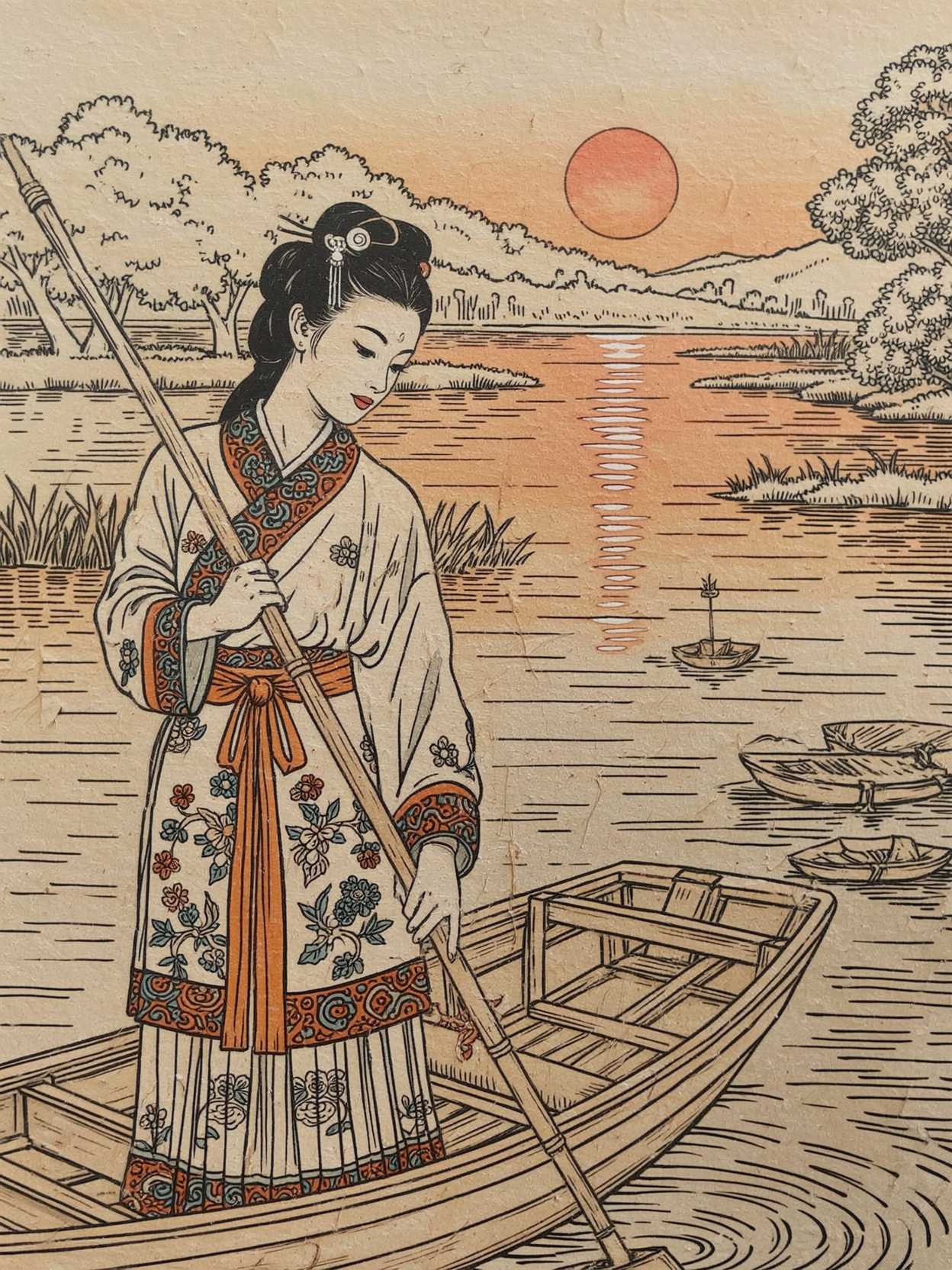 Instagirl in the style of ck-mgs, nistyle, Special Ink-drawing mode, intricate linework with expressive contrasts, Mh1$AgThS2, Inkplash art on rice paper, sepia, henna , Silhouette Art, magnificent, inksplash closeup portrait of Chinese woman punting, sunset, calm lake, redlection