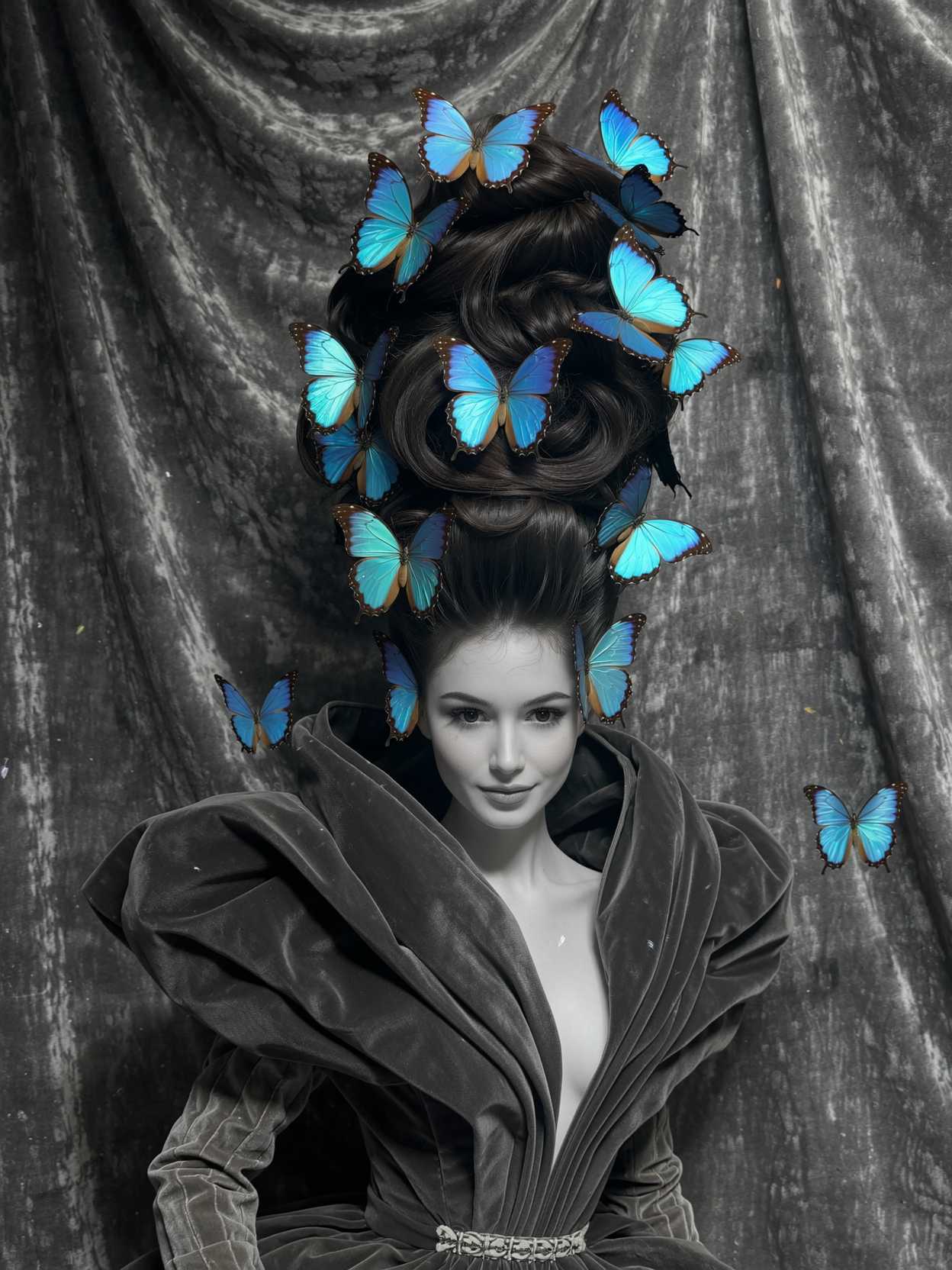 AI-generated image: diclrpp, A cinematic black and white portrait of a woman with an elaborate architectural updo hairst