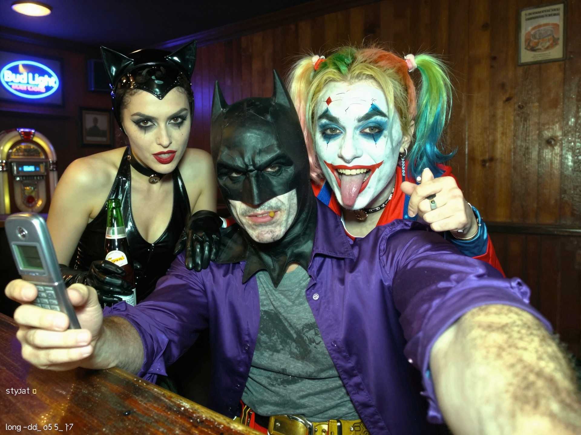 {
 2004 VGA bar-selfie: Joker (smudged white greasepaint, green-tinted slicked hair, purple satin shirt open to chest, lit cigar) holds flip-phone at arm’s length, wide-angle lens slightly tilted. Batman (black cowl, matte finish, visible jaw stubble, grey T-shirt) sits centre, eyes narrowed at lens, one brow raised. Catwoman (black PVC halter, cat-ear headband, smudged eyeliner, red lipstick) leans over bar, gloved hand on Joker’s shoulder. Harley Quinn (red/blue crop top, diamond face paint cracked, pigtails with faded ribbon) pops between them, tongue out, holding a half-empty beer bottle. Background: dim wood-paneled dive bar, Bud Light neon blur, CRT TV static, jukebox glow. Harsh on-camera flash blows highlights, green-yellow white-balance shift, heavy VGA noise, 640×480 pixel stretch, date-stamp ‘04-10-15 02:17’. Mild motion blur on Harley’s bottle, dust specks on lens, finger partially covers corner. --ar 4:5 --style raw",
  "style": "photographic 2004 VGA analog selfie",
  "negative_prompt": "logos, text, extra limbs, smooth skin, HDR, modern phone",
  "output": {
    "format": "jpg",
    "long_edge_px": 1536
  }
}