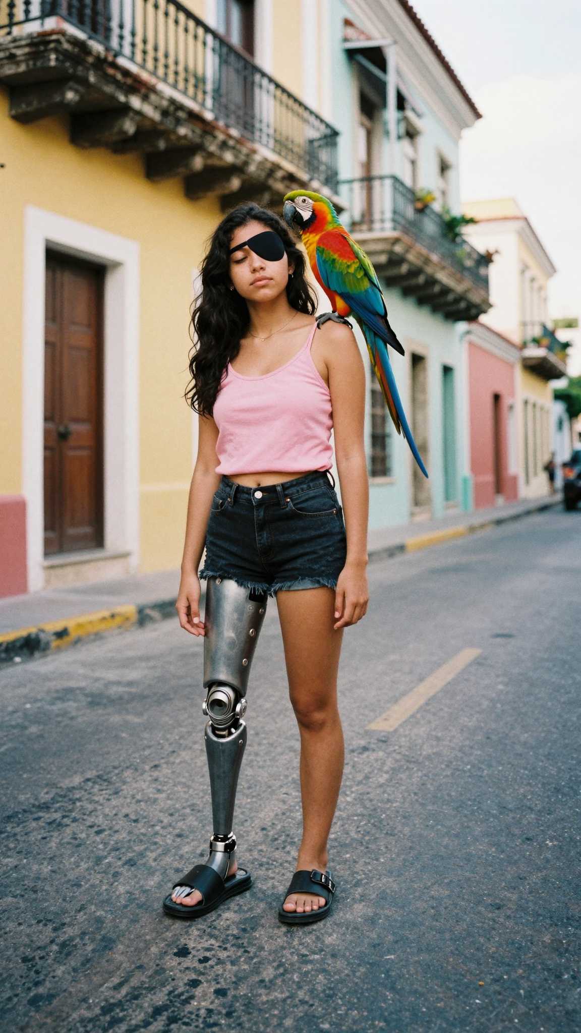 AI-generated image: wide angle 18mm fullbody shot framing a shy Latina woman prosthetic leg visible below, black eyepatc