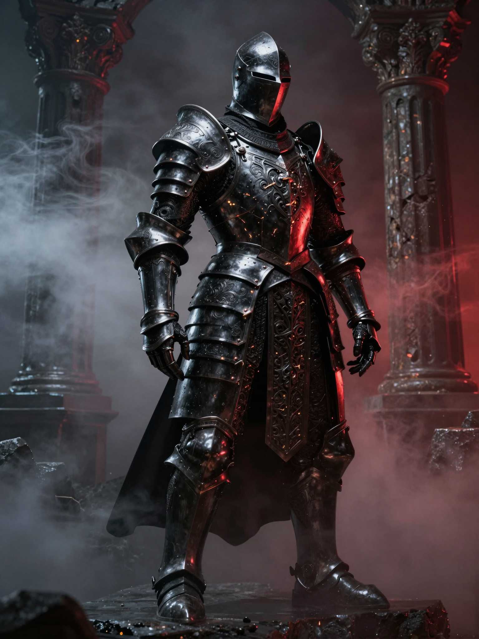 AI-generated image: A towering black-steel knight emerging from shadows, armor forged with intricate metallic engravings
