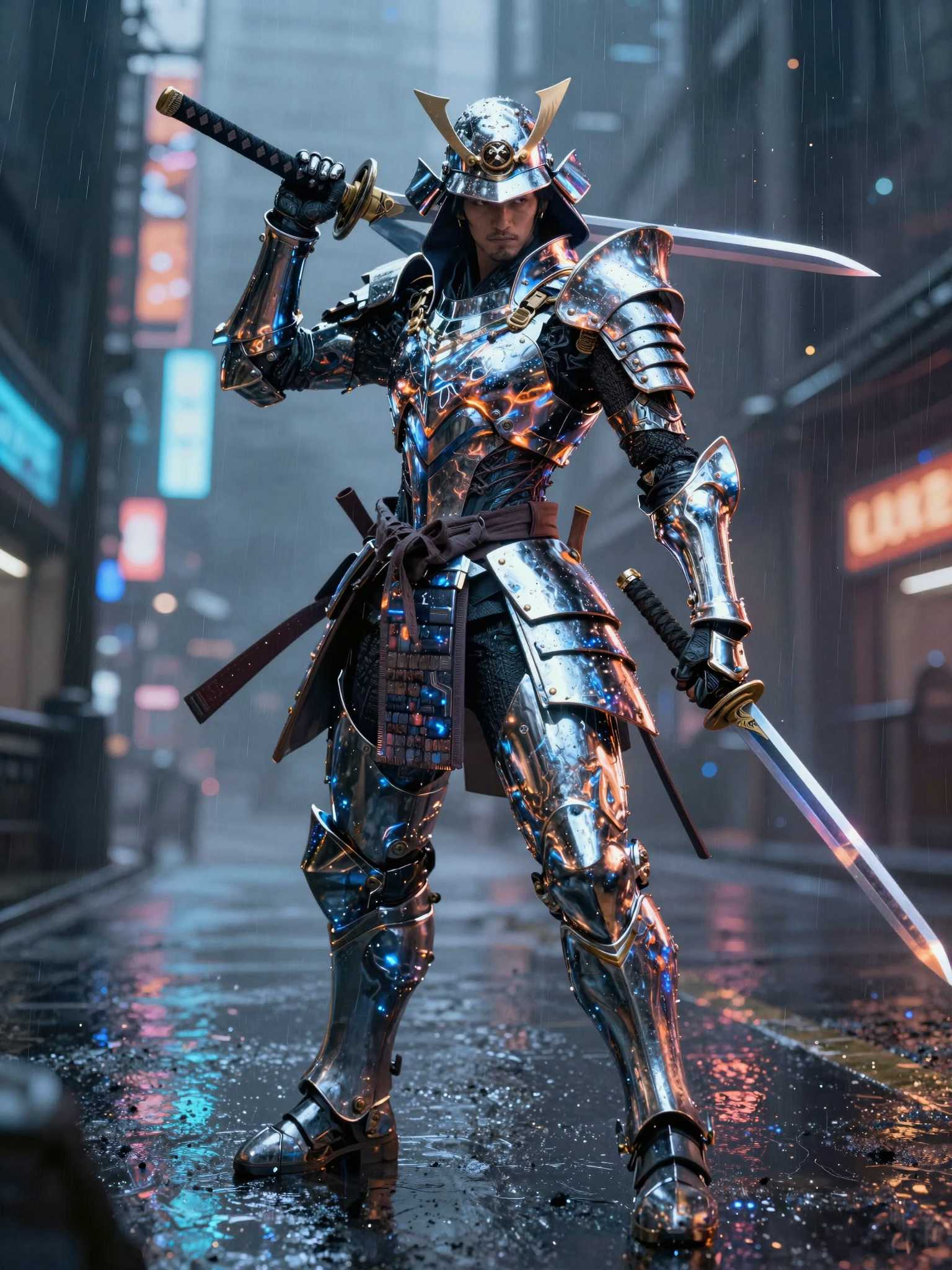 A fierce cyberpunk samurai standing on a rain-soaked neon street, reflective chrome armor glowing with electric blue and molten orange highlights, katana raised, metallic textures and sharp edge lighting, drifting holographic particles, stormy atmosphere with high-contrast reflections on wet pavement, ultra-detailed sci-fi city rising behind them, dramatic perspective and bold metallic sheen, 64K clarity, 300dpi, style raw.