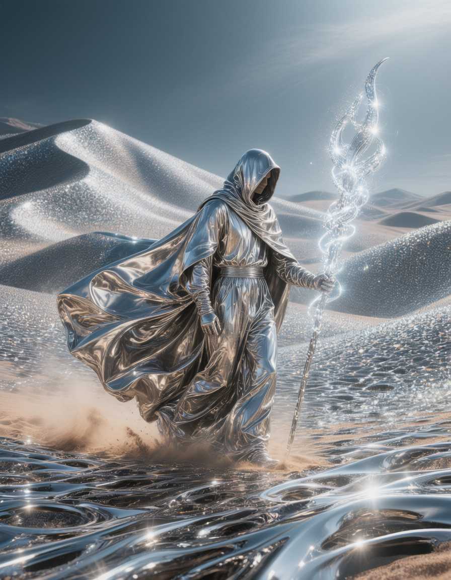 AI-generated image: A lone wanderer draped in flowing metallic fabric crossing a glowing alloy desert. Dunes shimmer lik