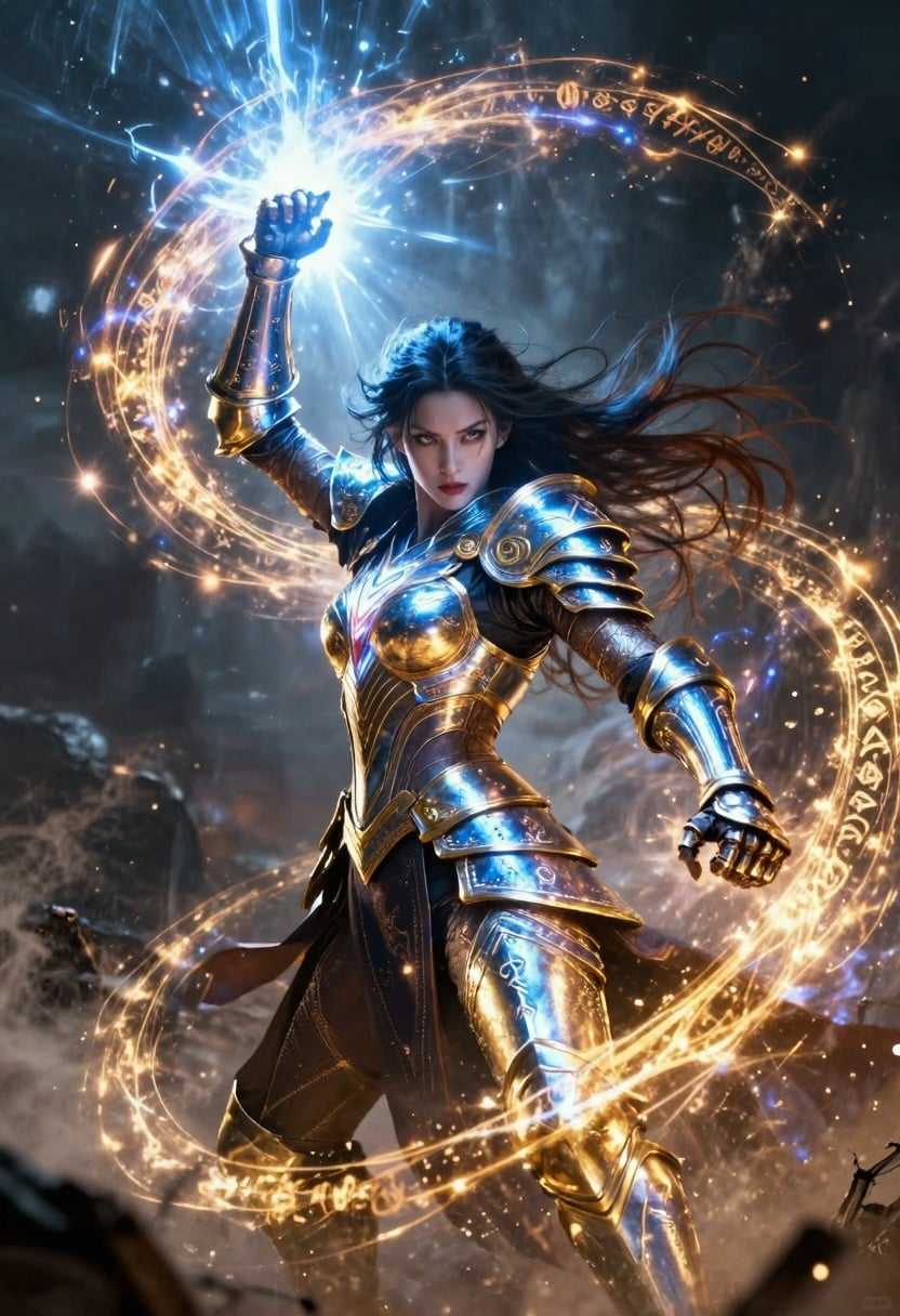 AI-generated image: A fierce arcane sorceress unleashing a spiraling beam of radiant energy from metallic runic gauntlet