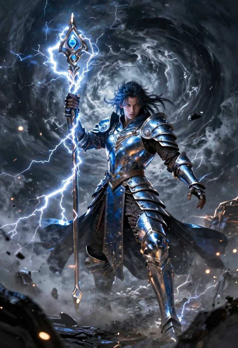 AI-generated image: A mighty stormcaller archmage channeling a vortex of electric energy, lightning bolts spiraling arou