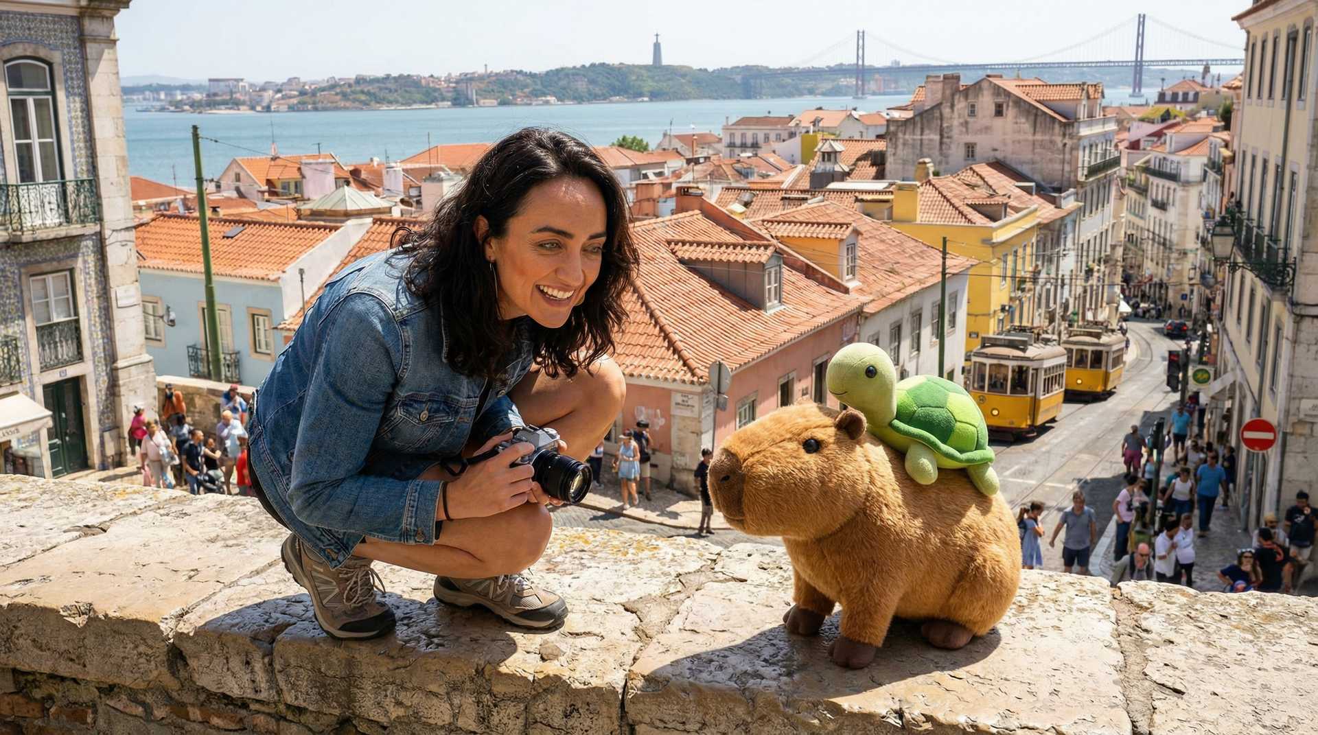 AI-generated image: A close-up shot of Lisbon Portugal's most iconic sites, featuring Cappy, a stuffed capybara with a g