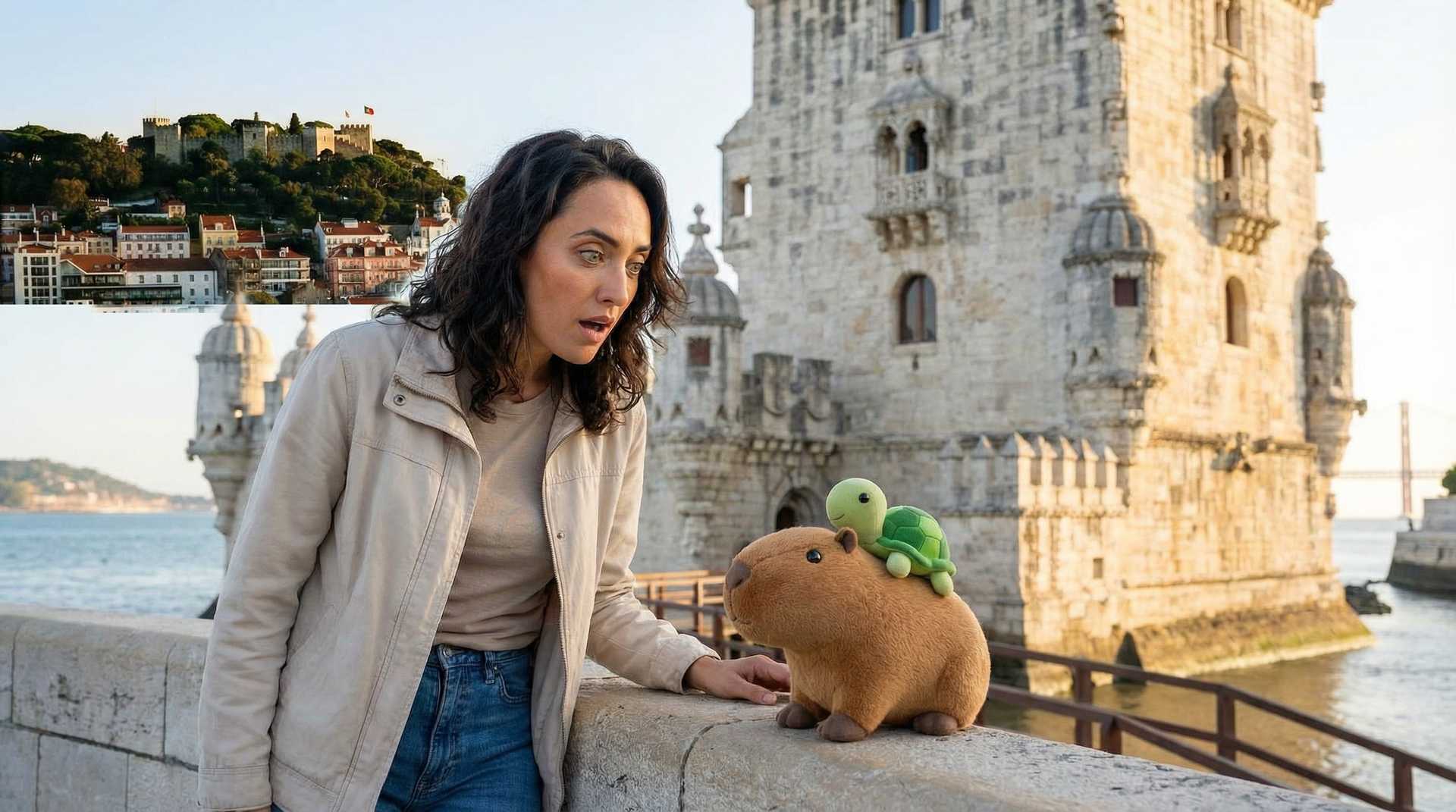 AI-generated image: A medium shot of Lisbon Portugal's most iconic sites, featuring Pam, a 40-year-old beautiful woman w