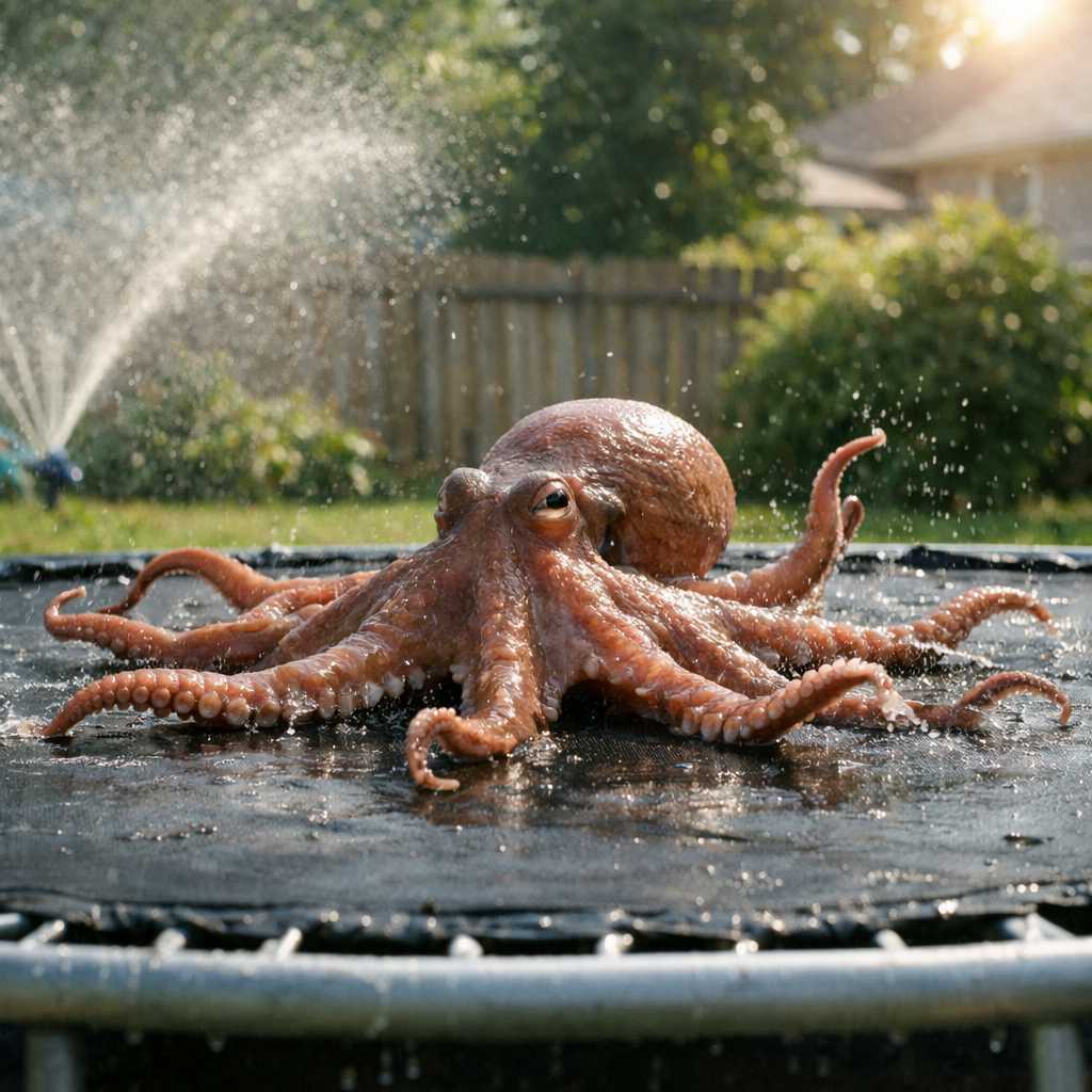 AI-generated image: === Scene ===

Description: An octopus somehow ends up in a suburban backyard and slithers onto a tr
