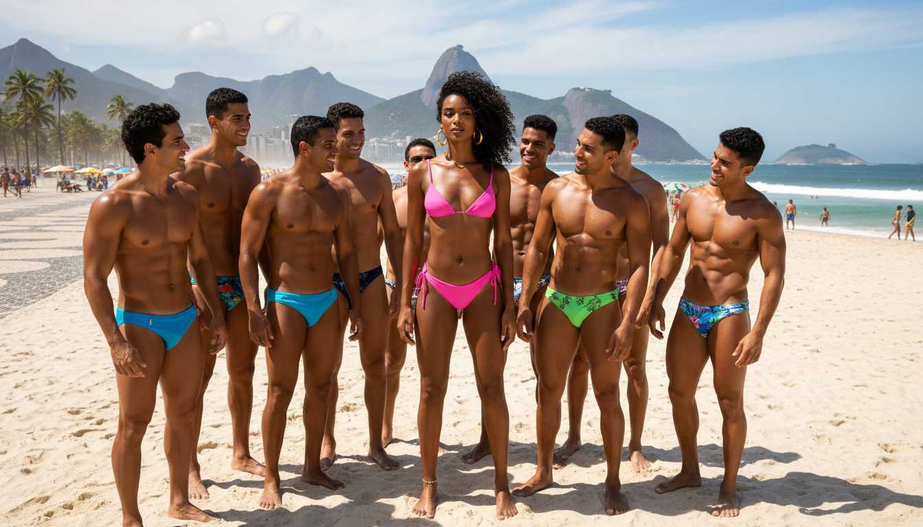AI-generated image: a stunning black woman in pink bikini on copacabana beach surrouned by horny brazilian guys with sma