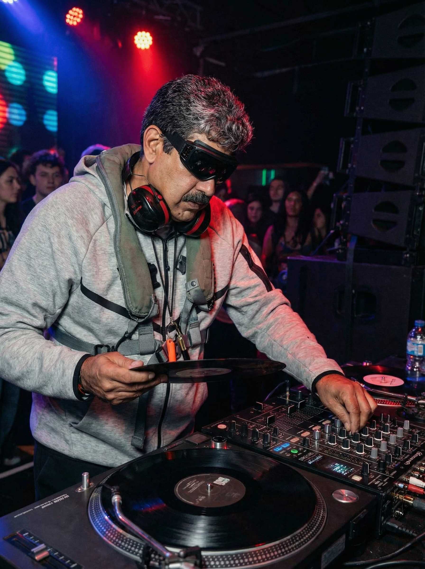 AI-generated image: The man is standing in front of a turntable as a professional dj (edited with Google Nano Banana Pro