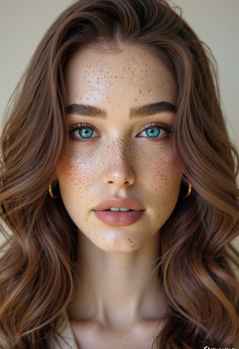 A hyper-realistic close-up portrait of LUXL1512, a 25-year-old woman with fair skin adorned by natural freckles, an oval face, striking light turquoise blue eyes framed by long curved eyelashes, a small straight nose, full peach-pink lips, and cascading long wavy chestnut brown hair, her face filling the frame with a serene, youthful expression and sharp focus on her piercing eyes revealing intricate natural skin texture and subtle imperfections. Soft natural light bathes her features in a gentle glow during golden hour, creating a warm intimate atmosphere with shallow depth of field at 85mm f/1.4, blurring the background into creamy bokeh while emphasizing her front-facing pose. The color palette features soft earth tones and vibrant turquoise accents, with delicate shadows enhancing depth and realism in this ultra-detailed DSLR photograph, captured from a slight low angle for captivating perspective and emotional connection.