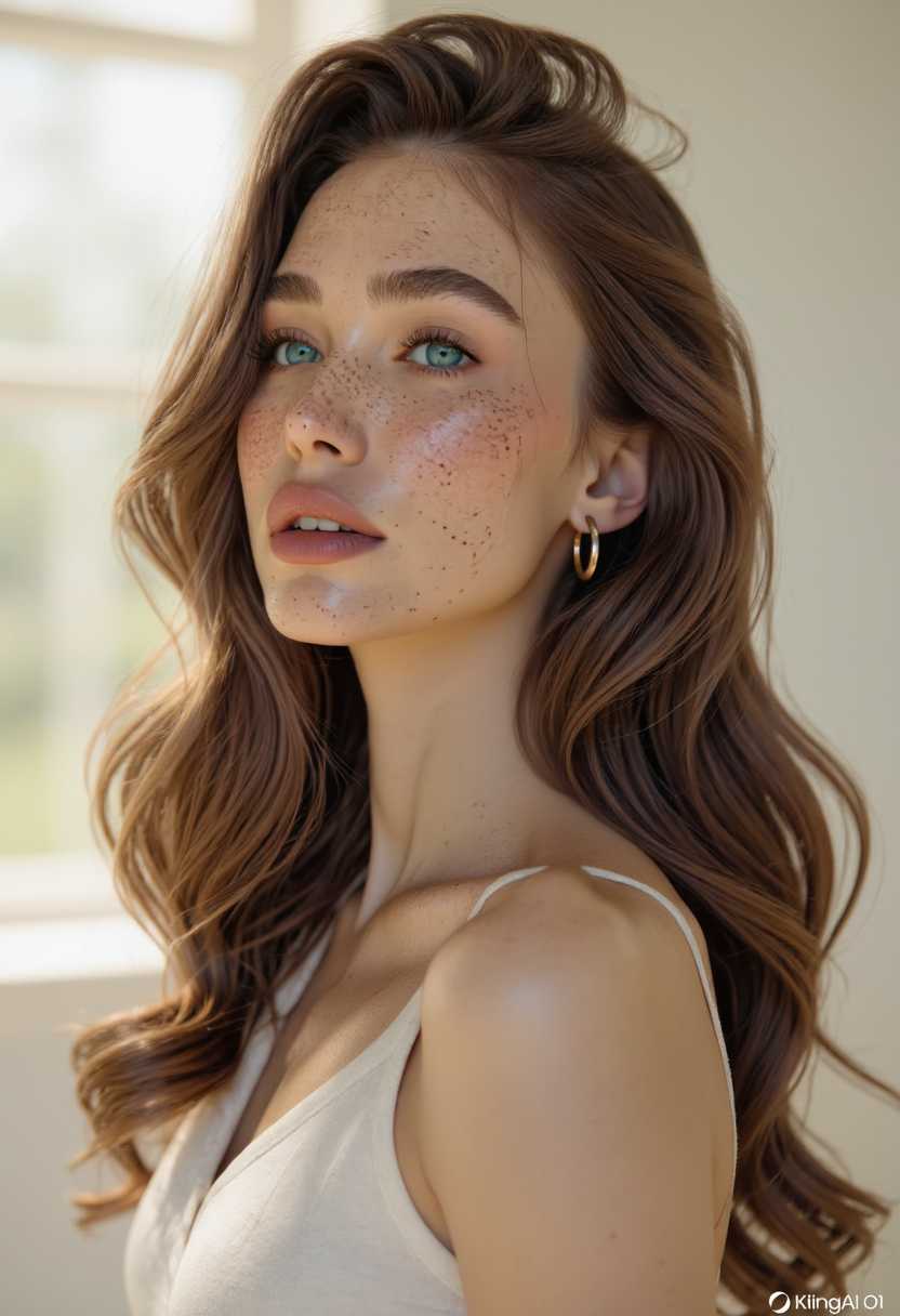 A hyper-realistic portrait of LUXL1512, a 25-year-old woman with fair skin dotted in natural freckles, an oval face, striking light turquoise blue eyes framed by long curved eyelashes, a small straight nose, full peach-pink lips, and cascading long wavy chestnut brown hair, captured looking back over her shoulder with a subtle, alluring expression in a cinematic lifestyle style reminiscent of leilahyoung. She poses intimately in soft natural light filtering through an open window during golden hour, evoking a serene and intimate atmosphere in a minimalist sunlit bedroom with warm, diffused illumination casting gentle shadows across her features and a cool-to-warm color palette highlighting her skin tones. Shot on a 85mm f/1.4 lens with shallow depth of field, DSLR-quality details, subtle film grain, and bokeh background for dramatic focus on her face, composed as a tight three-quarter view with rich depth and lifelike texture.