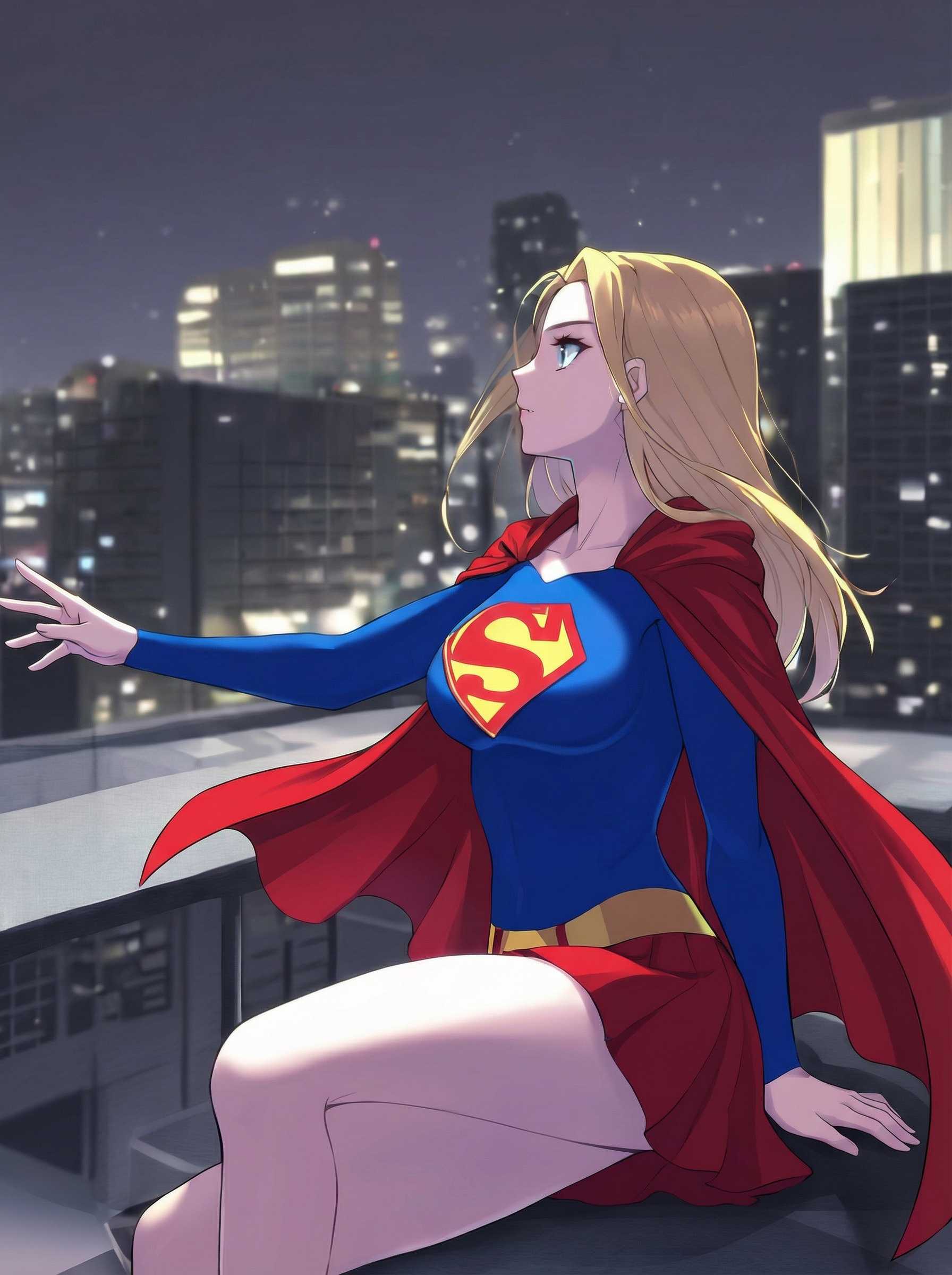 High-quality anime illustration. Keep exact same subject, pose, composition. Render a distinct, anatomically correct right hand with five fingers resting naturally on the ledge. Correct the 'S' chest emblem to follow the curvature of the torso with clean, symmetrical lines. Sharpen background city details with consistent window geometry. Ensure the right arm has a defined wrist and does not merge with the cape.